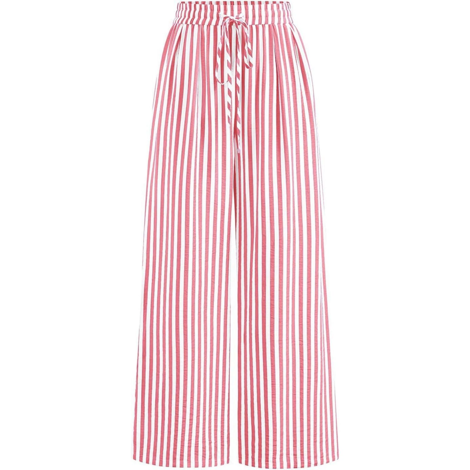 Pantalon Large pour Femmes à imprimé rayé, Taille élastique avec Cordon, Pantalon décontracté Taille Haute, Pantalon Large