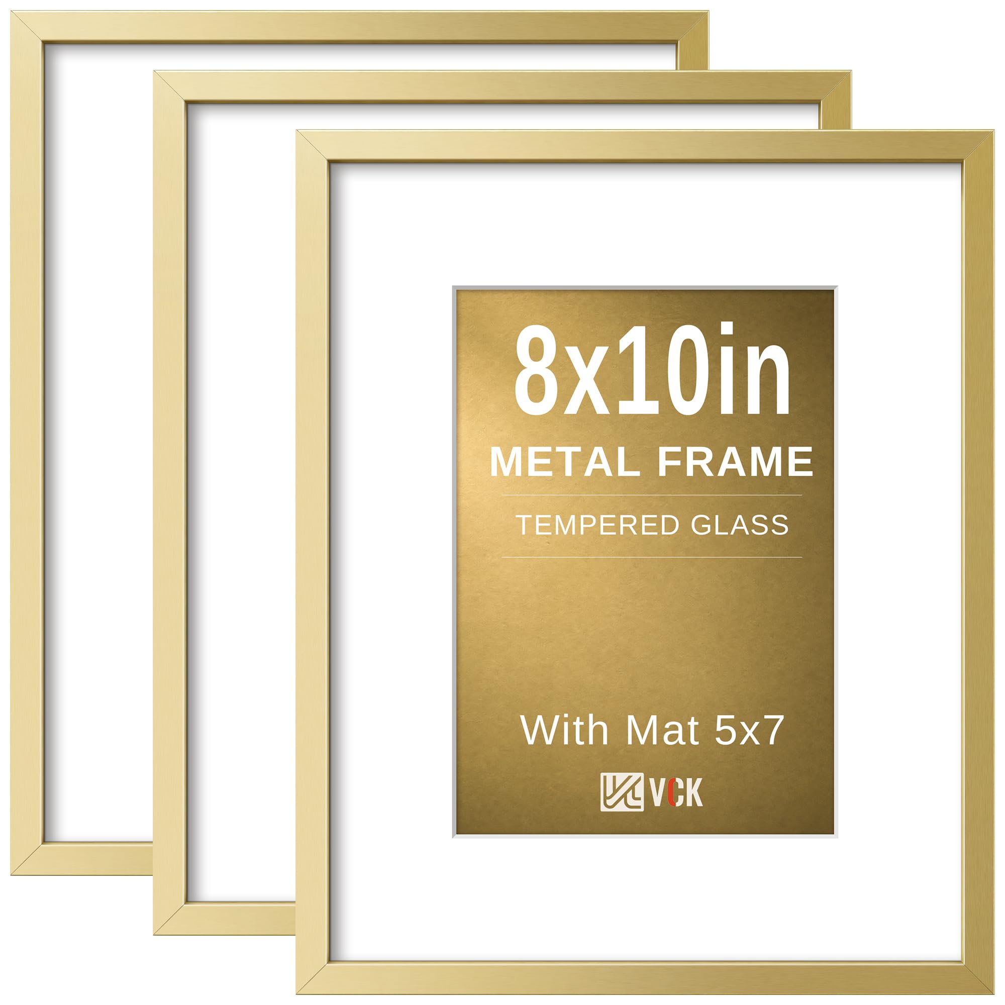 VCK 8x10 Picture Frame Gold Metal, Real Glass, 5x7 Mat, 3 Pack, for Print