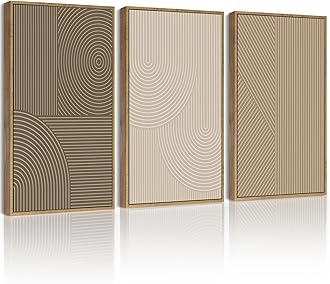 PHOPAGO 16x24in Large Minimalist Abstract Framed Wall Art Modern Boho Neutral Line Wall Decor Geometric Artwork Bedroom Living Room Natural Framed