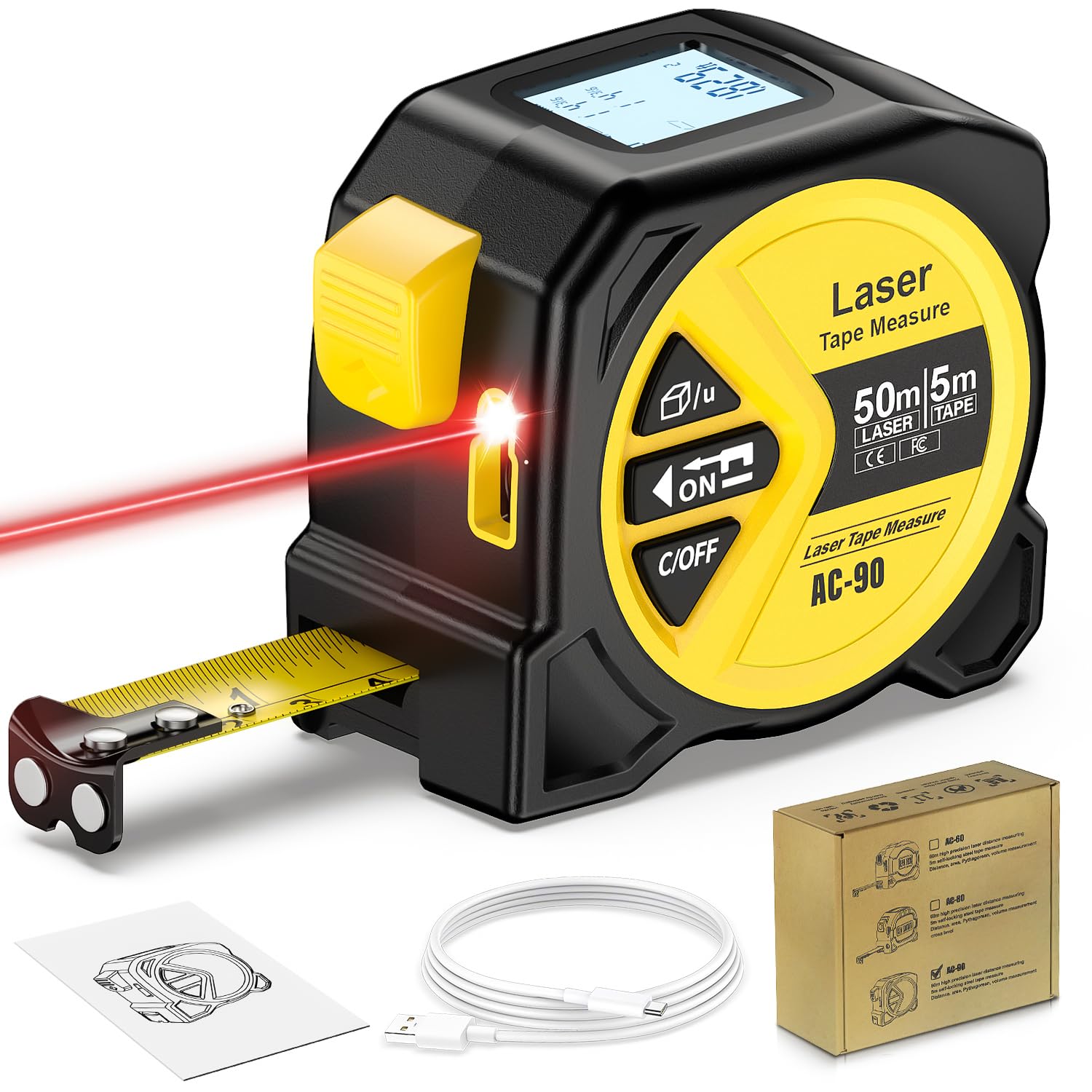 FNITAER Laser Entfernungsmesser 50 m, 2-in-1 mit 5 m Stahl-Maßband, Digitaler Abstandsmesser für Länge, Fläche, Volumen & Pythagoras, LCD-Display, Magnetischer Endhaken, USB-C Ladefunktion