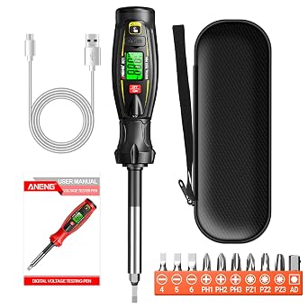 Voltage Tester Pen, Non Contact Voltage Test Pen Rechargeable AC Voltage 30V -1000V NCV Detection Replaceable 10 in 1 Batch Heads with LED Light Black