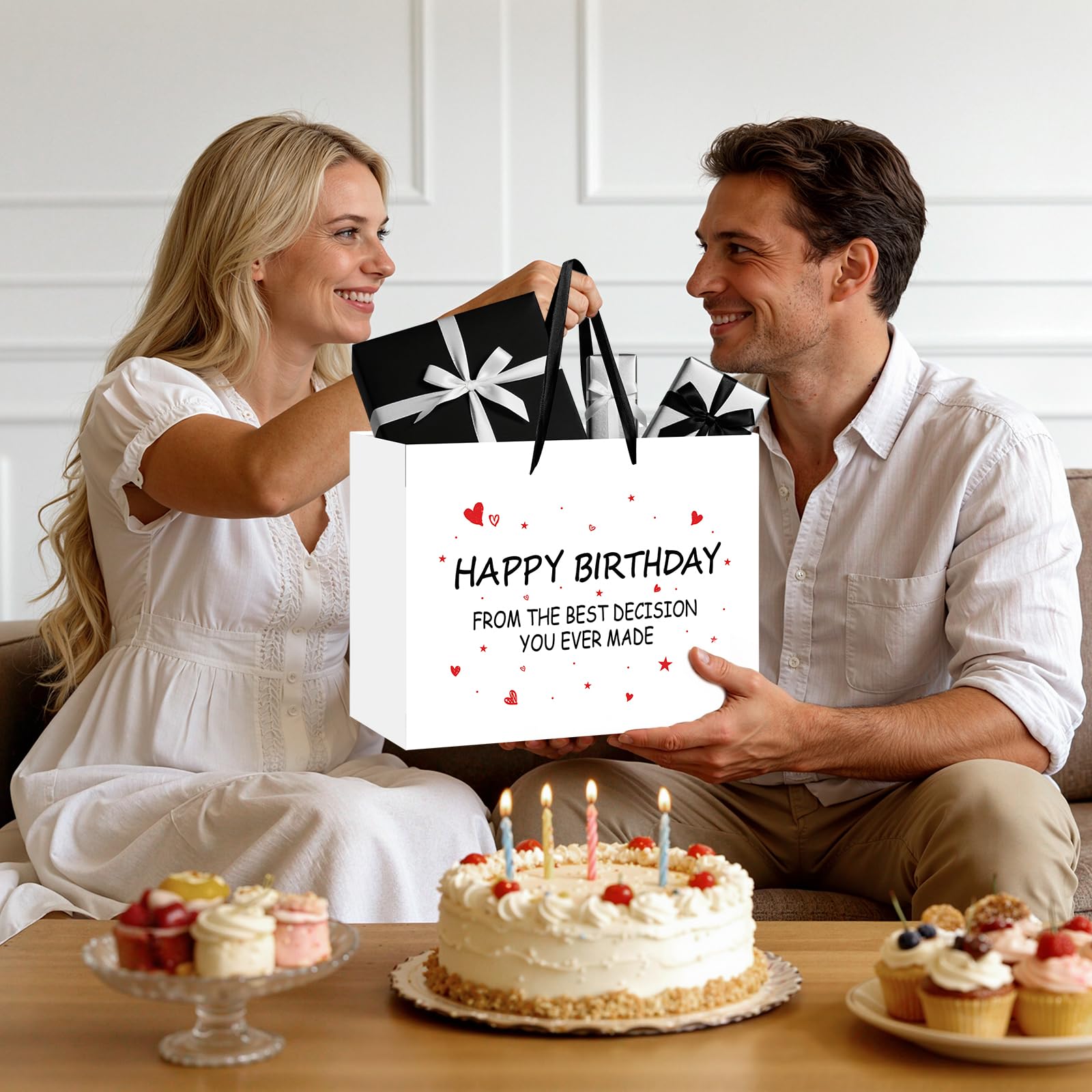 Funny Birthday Gift Bag with Tissue Paper Card From the Best Decision Gift Bags Black and White Happy Birthday Wrapping Bag for Boyfriend Girlfriend Husband Wife Couples Friends Bday Party Decorations