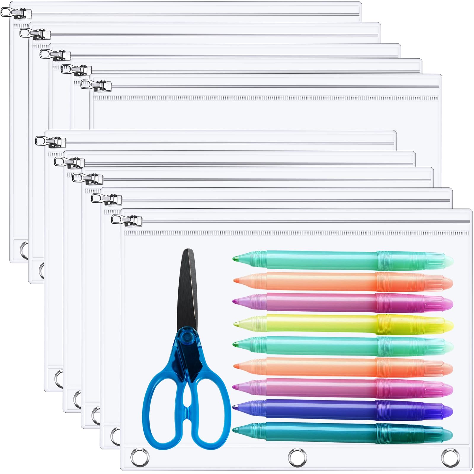 Photo 1 of Lincia 10 Pack Clear Pencil Pouch for 3 Ring Binder Pencil Case with Zipper 3 Ring Binder Pocket Insert Bag 10 x 7'' Visible Cash Envelope with Re-enforced Grommet for Office (Clear)