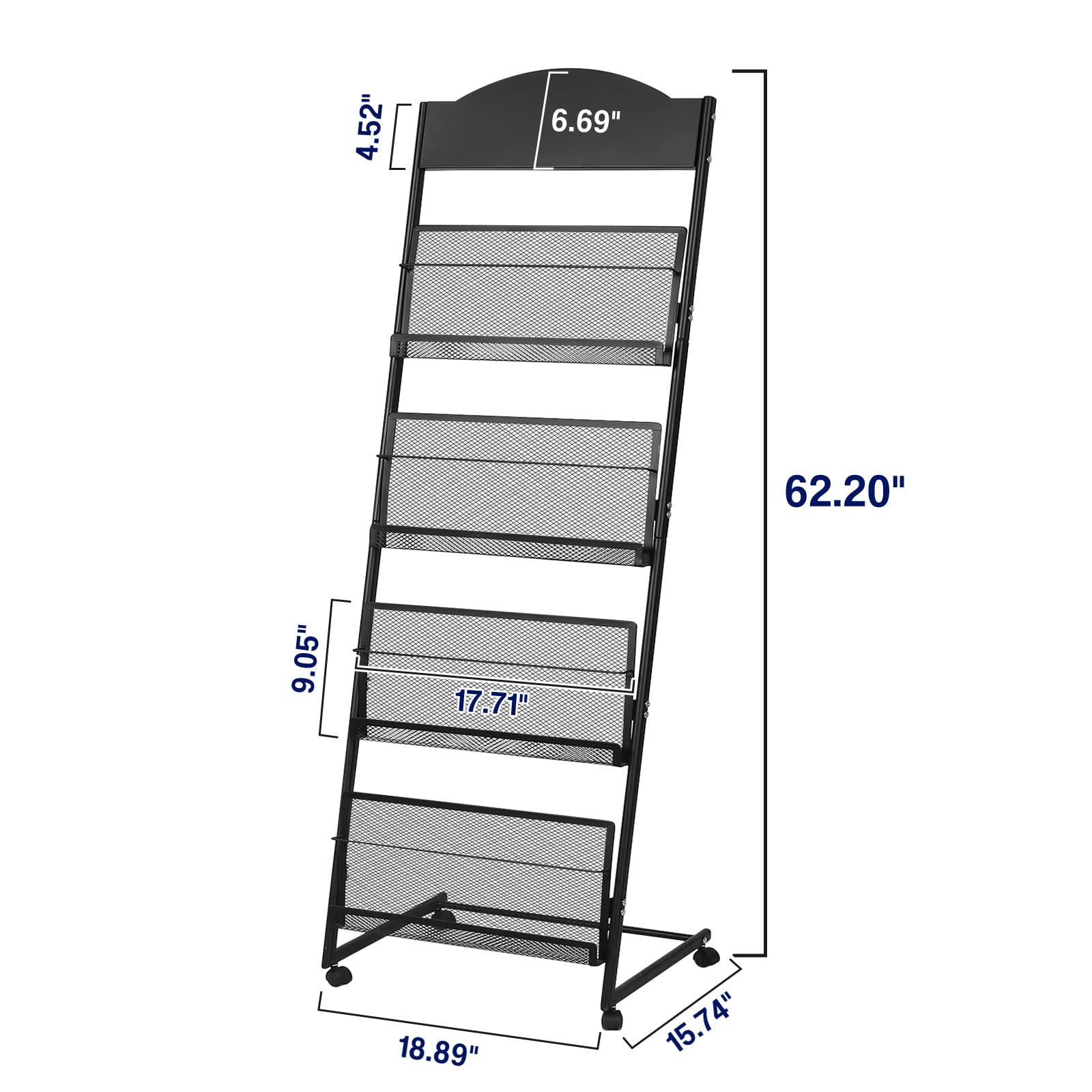 Présentoir à magazines à poser au sol - 4 poches - Pour salons, expositions, bureaux, centres commerciaux, journaux - Noir (158 cm de hauteur)
