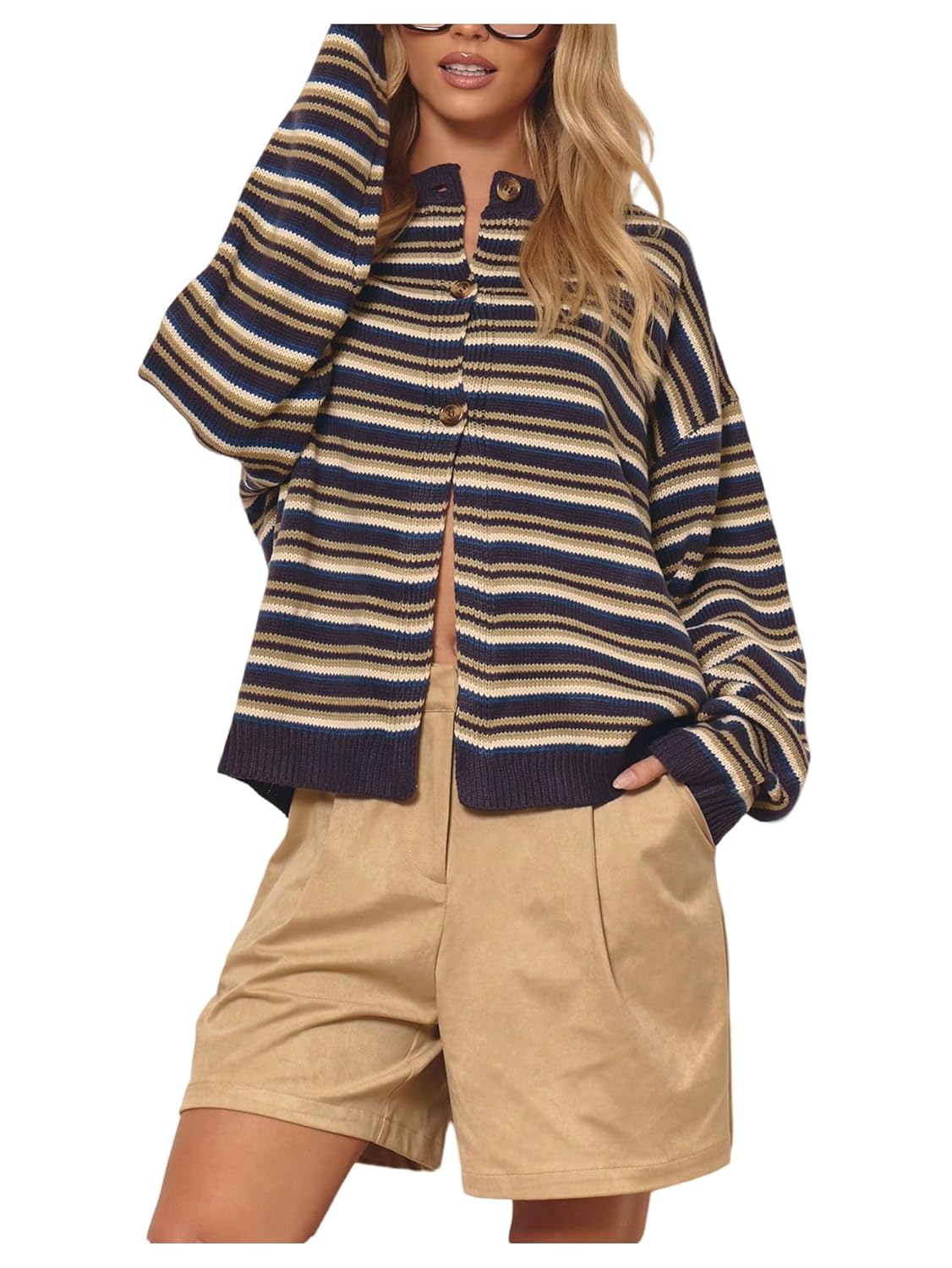 MakeMeChic Womens Striped Cardigan Sweaters Button Up Long Sleeve Crewneck Preppy Outerwear