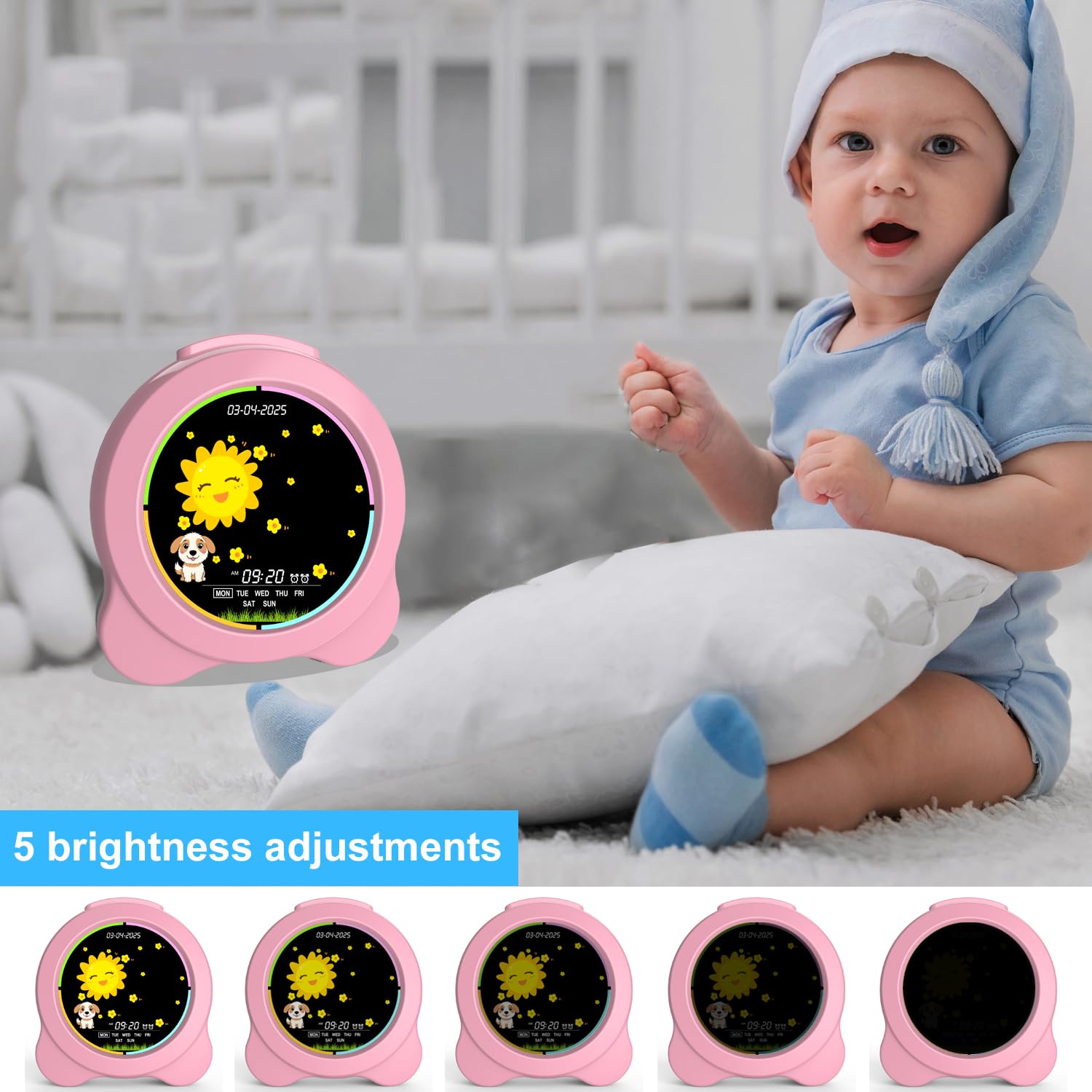 Kinderwecker Sonne & Mond LED-Anzeige mit Tag & Datum OK to Wake Uhr mit Nachtlicht für Kinder Kinder Schlaftrainer Geschenk für Jungen und Mädchen (Rosa)