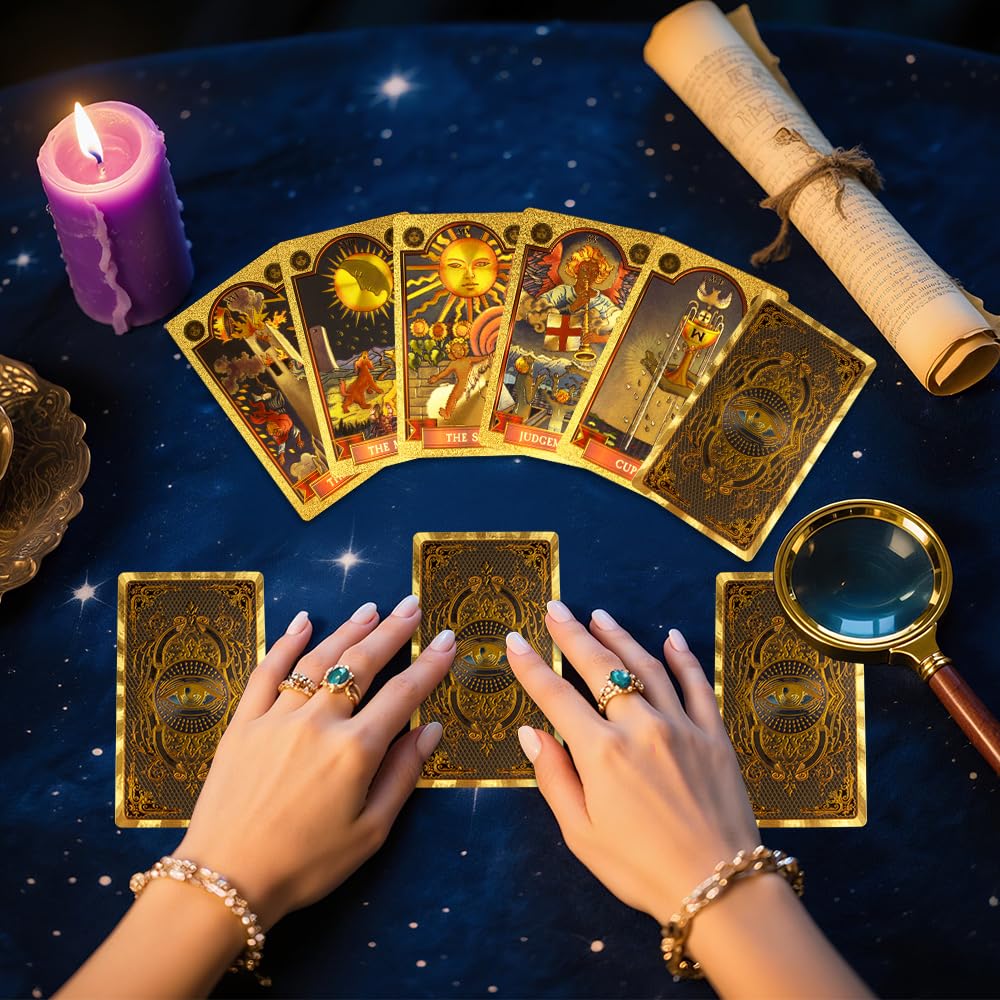 Zestaw tarota, 78+2 karty tarota, złote oko Marsylia Tarot z przewodnikiem, wróżbiarstwo tarota, karty tarota PCV, wodoodporne i bez fałd, zestaw tarota dla początkujących (złoty)