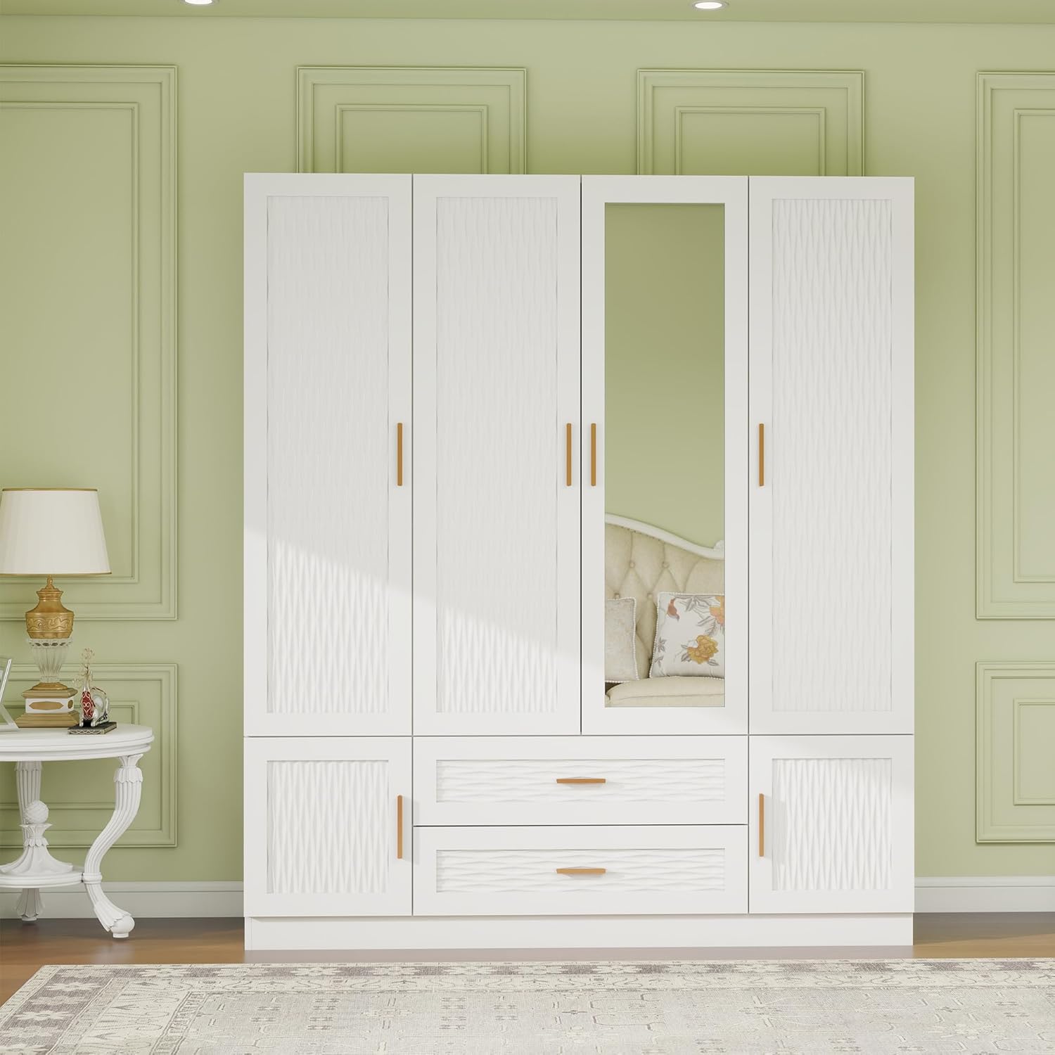 Wooden Armoire Wardrobe Closet:Large Wardrobe Closet with 4 Doors, 2 Drawers for Tall Cabinet, Wardrobe Cabinet for Bedroom with Mirror and Hanging Rods, Golden Handle, White 57-w Large