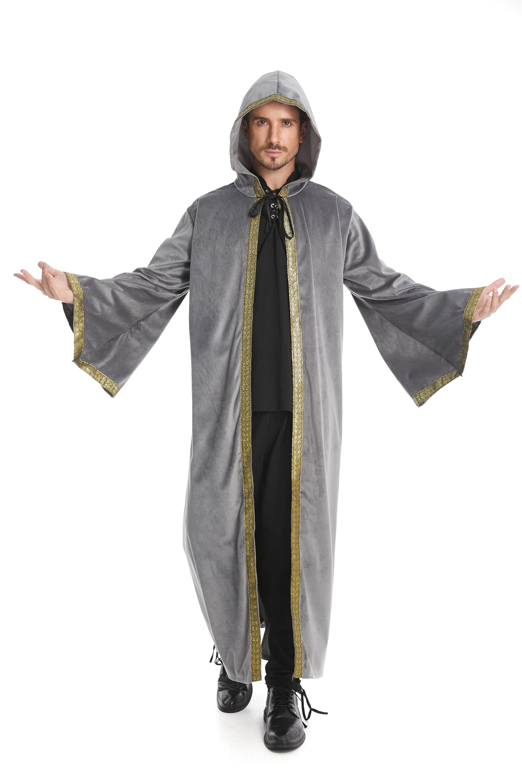 DELIVESS Unisex Velvet Wizard Robe Wizard Cloak Cosplay Renaissance Costume Halloween (59.06",Light Gray) - Image 2