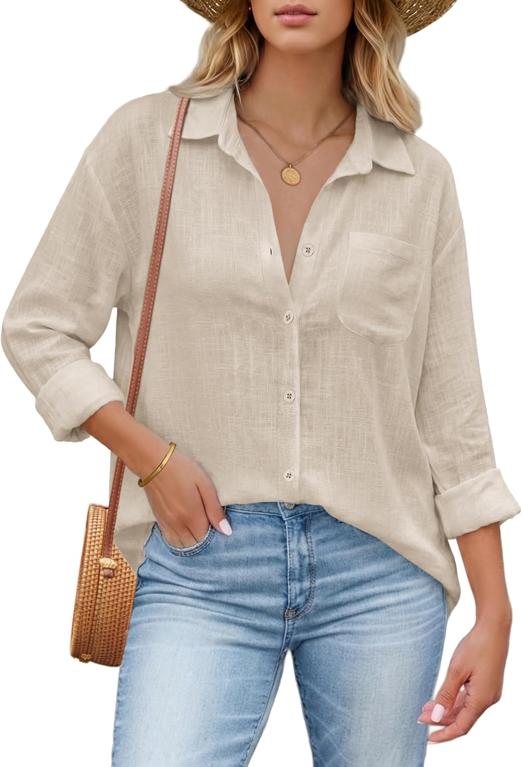 HOTOUCH Womens Button Down Shirts Linen Cotton Long Sleeve Blouses Casual Collared Loose Fit Gauze Tops with Pocket - Image 2