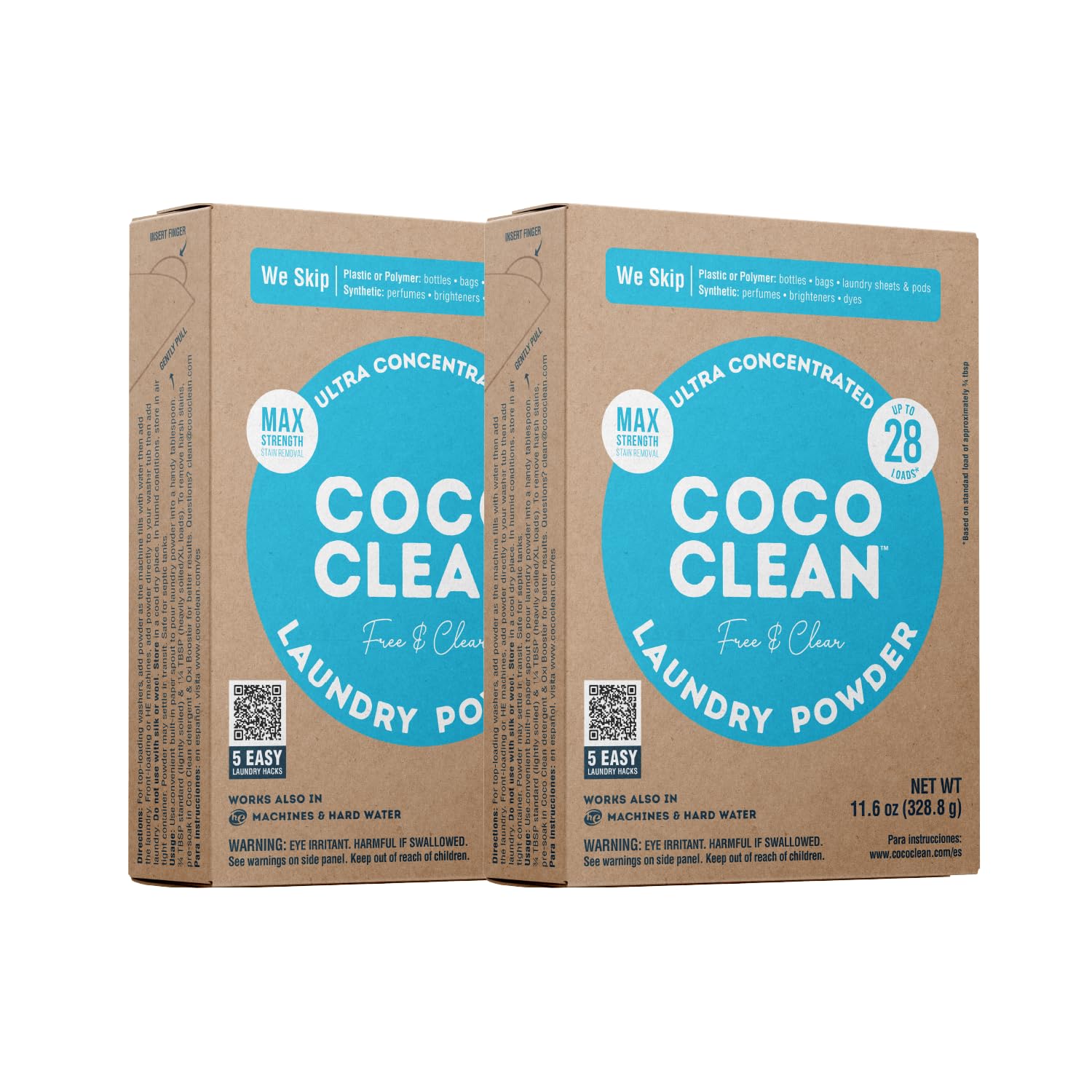 Coco Clean Laundry Max Powder Free & Clear, Made in the USA, Biodegradable Plastic-Free Detergent, Effective Stain Removal Suitable for HE Machines, 2