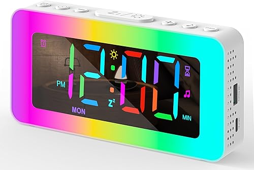 Reloj despertador para niños y niñas, reloj digital con luz LED para dormitorios con pantalla de dígitos coloridos, 0% -100% regulable, ayuda para