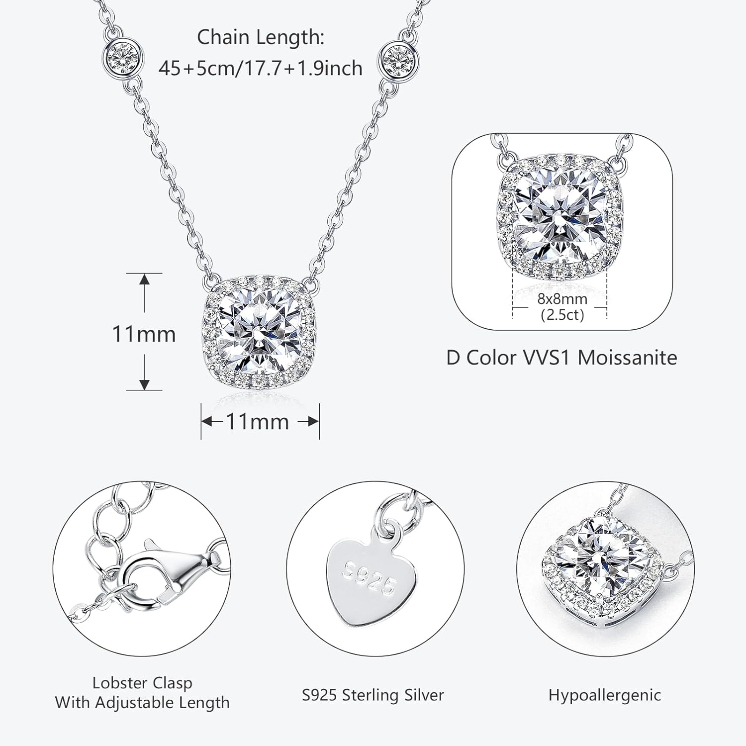 2.5CT Moissanite Pendant Necklace for Women, 8x8mm Cushion Cut D Color VVS1 Moissanite 925 Sterling Silver Dainty Halo Pendant for Mom, Wife, Lady Birthday Gifts - Image 4