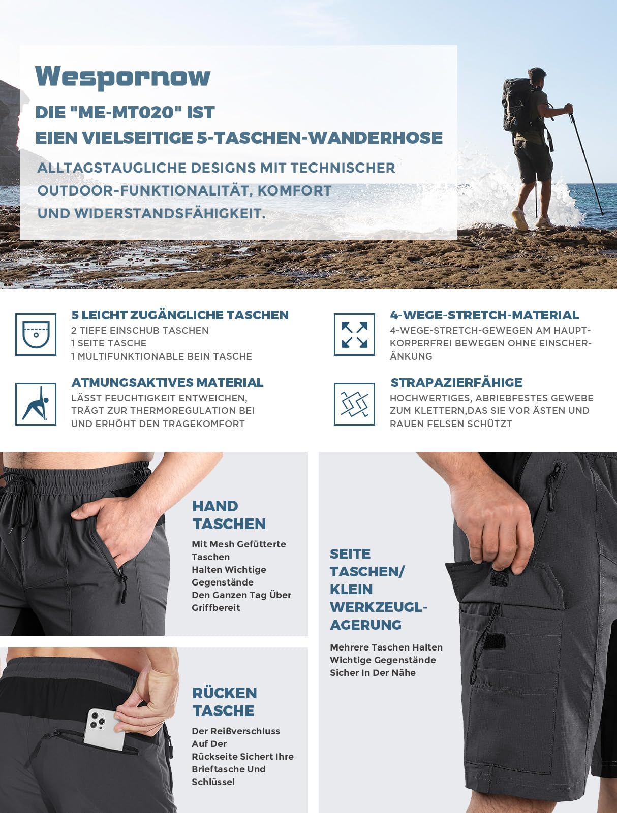 Wespornow Pantaloncini Uomo Bermuda con 5 Tasche, Pantaloncino Ciclismo MTB Sportivo da Esterno Rapido Asciugamento, Biciclette Shorts Funzionale Stretch per Lavoro Escursionismo e Trekking