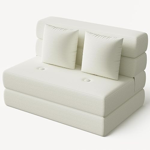 Folding Sofa Bed, Convertible Sleeper Chair & Couch Bed with Pillow, One-Piece High-Density Sponge Mattress, Multi-Purpose Corduroy Floor Sofa for Living Room, Office, Apartment, Beige, Twin