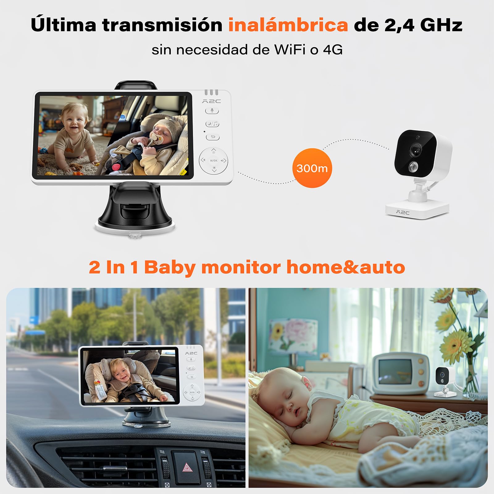 APPS2Car 2-In-1 Camara Vigilancia Bebe Coche,5'' Pantalla 1080p HD Vigilabebes con Camara y Audio,con Sensor de Temperatura Sin WiFi,Visión Nocturna,VOX Bidirecciona,Baby Monitor Coche y Casa