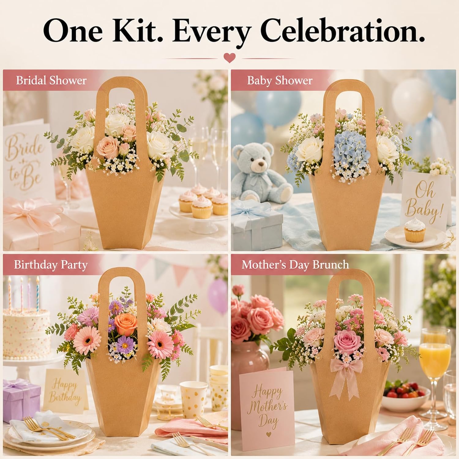 36-Pc Flower Bar Kit for Bridal Showers and Parties | Create a DIY Bouquet Station with 30 Kraft Bags, Sign, Scissors and Ribbons for Bridal Showers, Baby Showers and Birthdays.