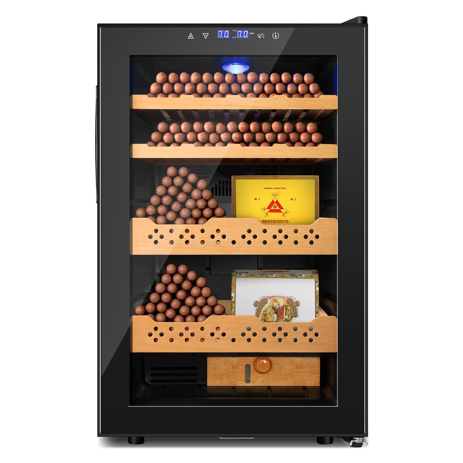Electric Cigar Humidor with Temperature Control 25-260 L Holds 150-1600 Cigars LED Warm Light Tempered Glass Door Temperature/Humidity Adjustable