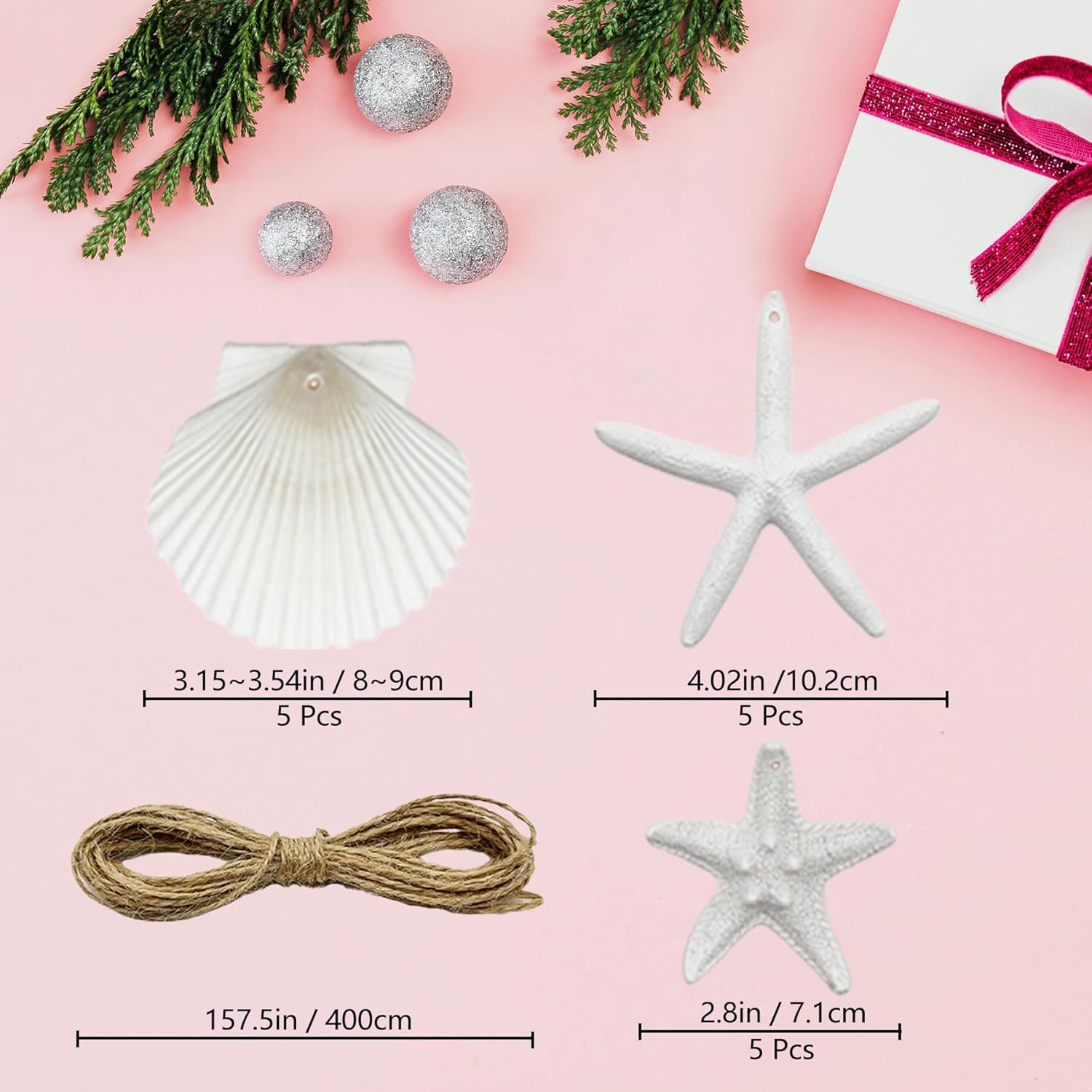Starfish Seashells Chritmas Ornaments, 15PCS Beach Themed Xmas Tree Hanging Ornaments DIY Craft Home Decor, 3-4 Inch Perforation Natural Scallop Sea Shell and Resin Starfish with Rope - Image 4