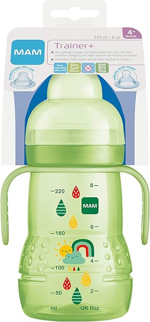 MAM Trainer+ (220 ml), butelka do picia na przejście do kubka, kubek do picia, z bezkapiącym przyssawką, dziobek i uchwyt, 4+ miesięcy, tęcza