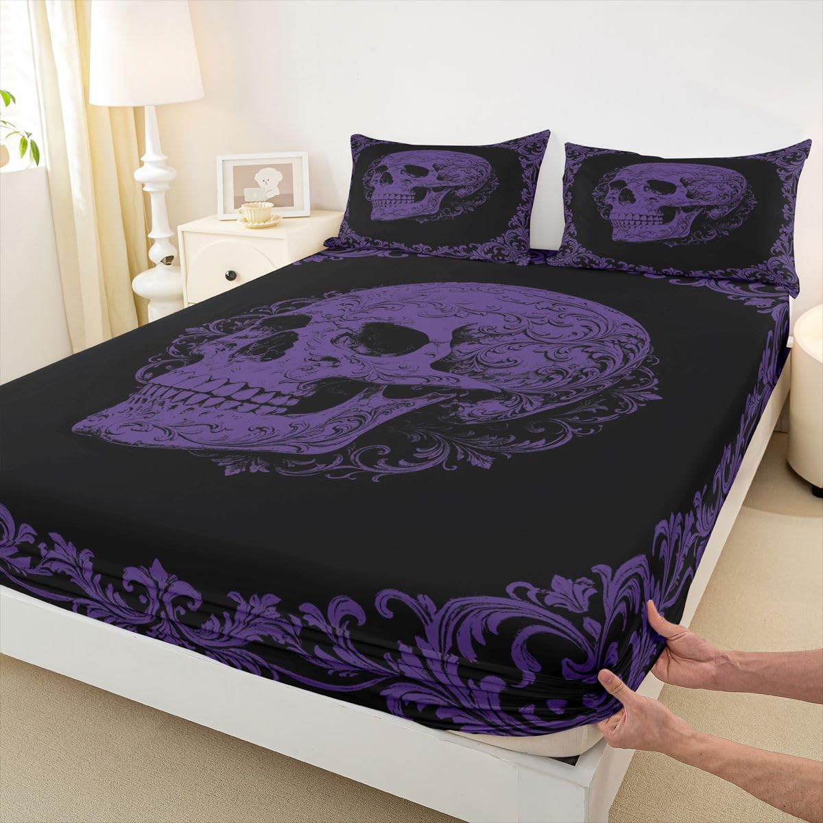 Homemissing Sábana bajera ajustable de Halloween con 2 fundas de almohada, tamaño King, diseño de calavera, sábana bajera ajustable de 16 pulgadas de profundidad, ropa de cama gótica para niños y