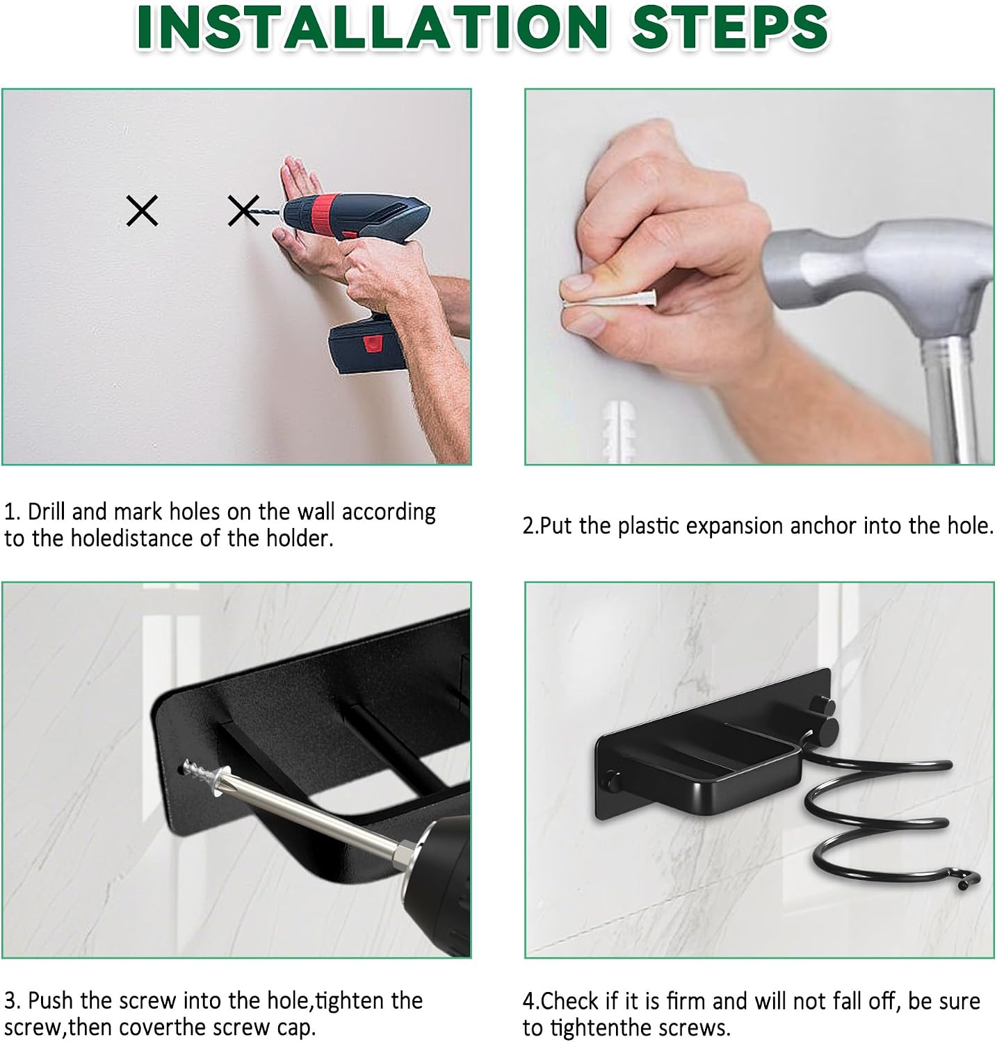 Hair Dryer Rack Wall Mounted Stainless Steel Shelf Storage For Bathroom Walls (Black)
