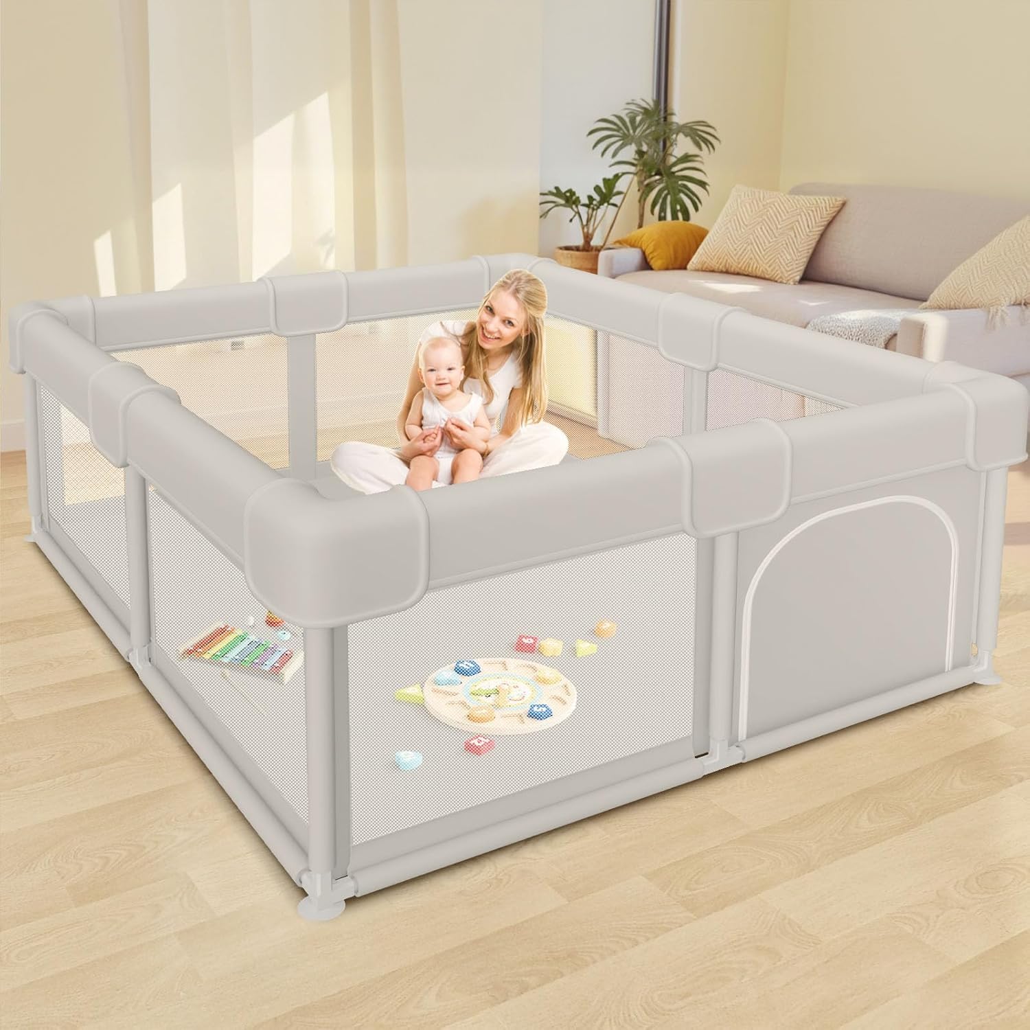 Baby Playpen for Toddlers 120 * 120 cm Kids Activity Center with Anti-Slip Base, Indoor & Outdoor Safety Play Yard, Soft Breathable Mesh with 2 Handle Loops, Mat & Toddler Playyard
