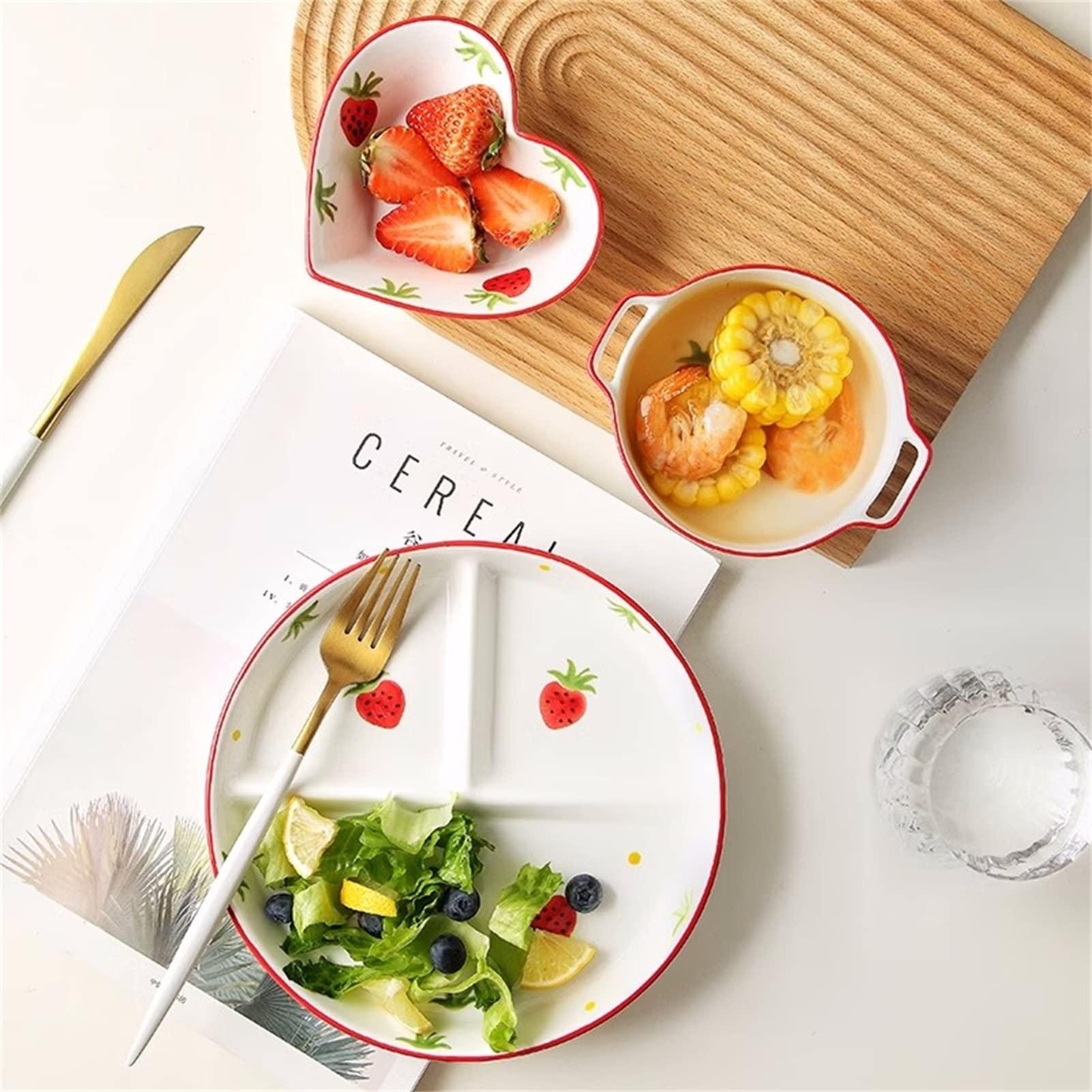 Juego de 3 cubiertos bariátricos para control de porciones, plato dividido y cuencos de sopa para control de peso, elegante color blanco con patrón de frutas, perfecto para una alimentación saludable
