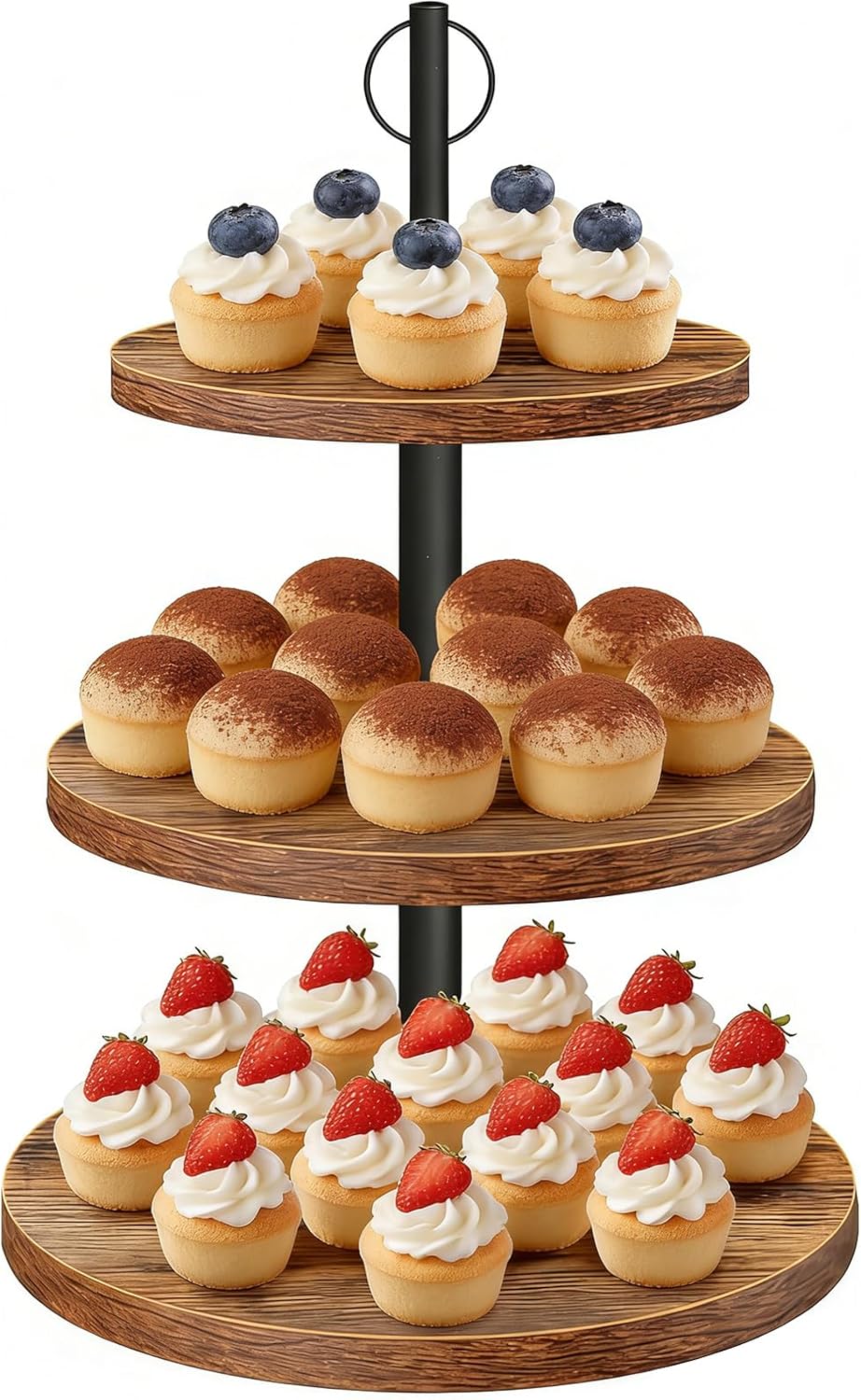 Cupcake Stand, 3 Tier Wood Cake Stands Rustic Cupcake Tower, Round Tiered Tray Stand for Dessert Table Display, Industrial Wooden Serving Stand Wedding, Graduation and Baby Shower