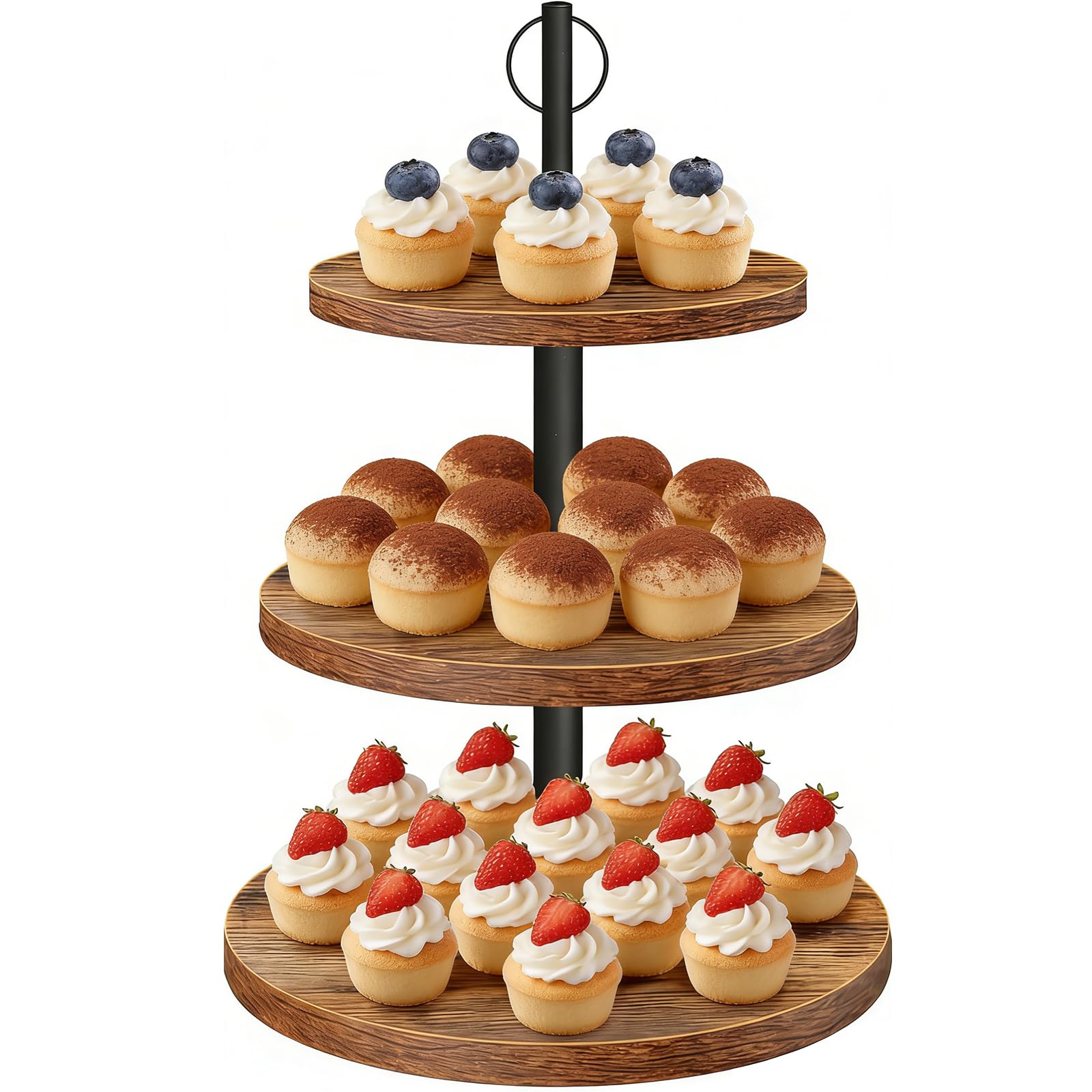 Photo 1 of [PARTIAL SET, MISSING ROD IN THE MIDDLE] Limengya Cupcake Stand, 3 Tier Wood Cake Stands Rustic Cupcake Tower, Round Tiered Tray Stand for Dessert Table Display, Industrial Wooden Serving Stand Wedding, Graduation and Baby Shower