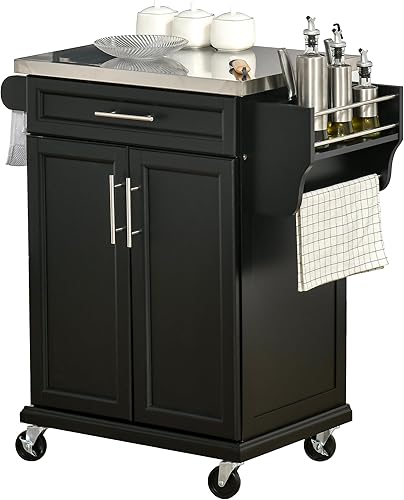HOMCOM Isla de cocina sobre ruedas, carrito de cocina rodante con encimera de acero inoxidable, cajón, toallero y estante de especias, carrito de