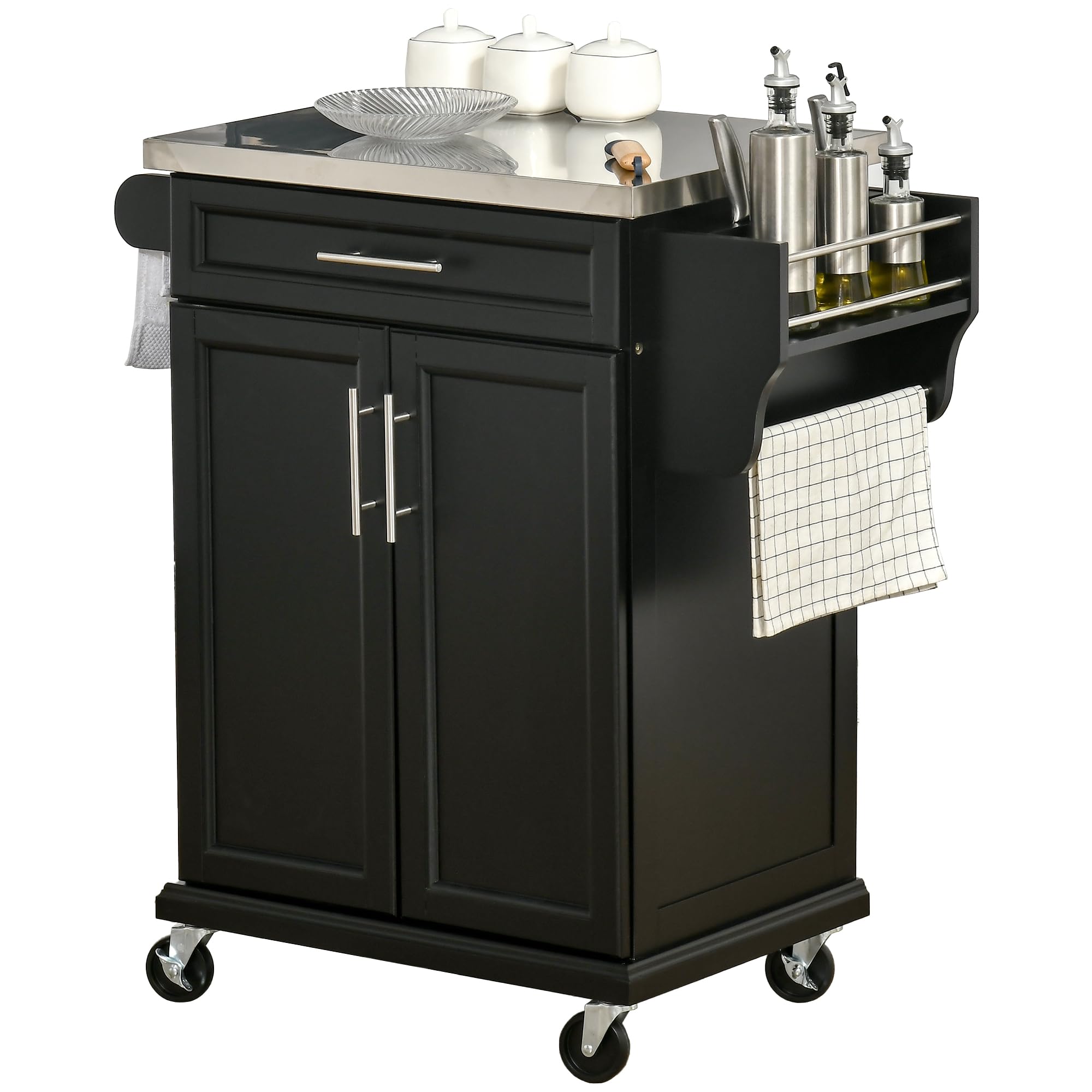HOMCOM Kitchen Island on Wheels, Rolling Kitchen Cart with Stainless Steel Countertop, Drawer, Towel Rack and Spice Rack, Utility Storage Trolley,