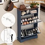 Shoe Storage Cabinet with 2 Flip Drawers, 24" W Farmhouse Modern Hidden Shoes Rack with Adjustable Shelves & Open Storage, Narrow Slim Shoe Organizer for Front Door Entrance, Entryway, Navy Blue