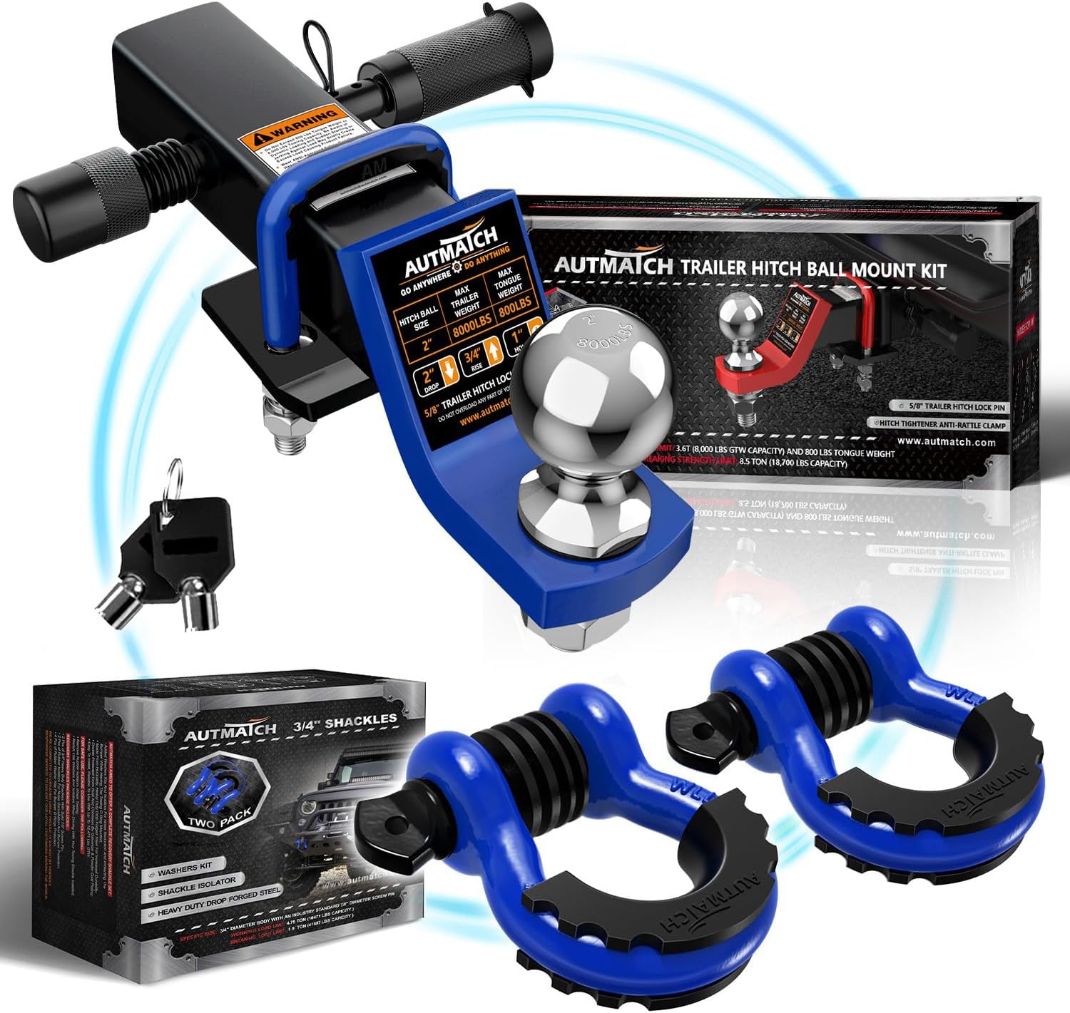 AUTMATCH 3/4" D Ring Shackles with Trailer Hitch Ball Mount & 2" Hitch Ball, Fits 2 Inch Receiver, 8000Lbs Capacity Ball Hitch, 2-Inch Drop with 5/8" Hitch Lock Pin, Blue & Black
