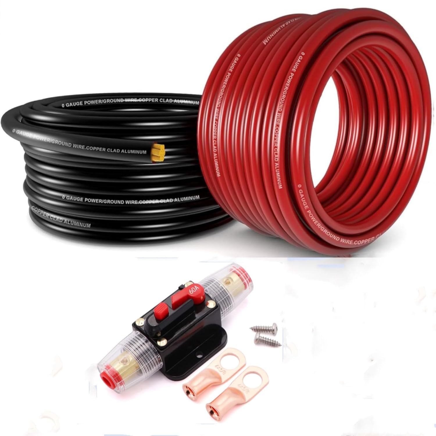 1/0 Gauge Wire(20ft Each - Red/Black) Copper Clad Aluminum CCA - Primary Automotive Wire with 60A Audio Inline Circuit Breaker 12V