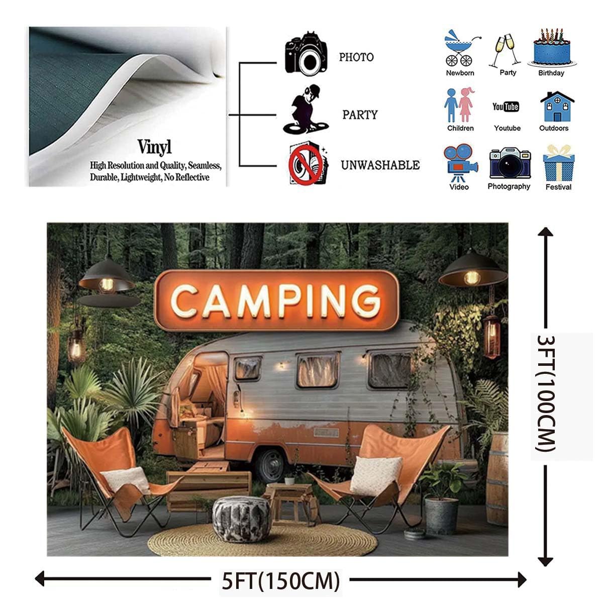 Fondo de fotografía de caravana vintage de bosque de campamento, telón de fondo de campamento feliz con temática de camping y naturaleza, reutilizable, telón de fondo de aventura al aire libre