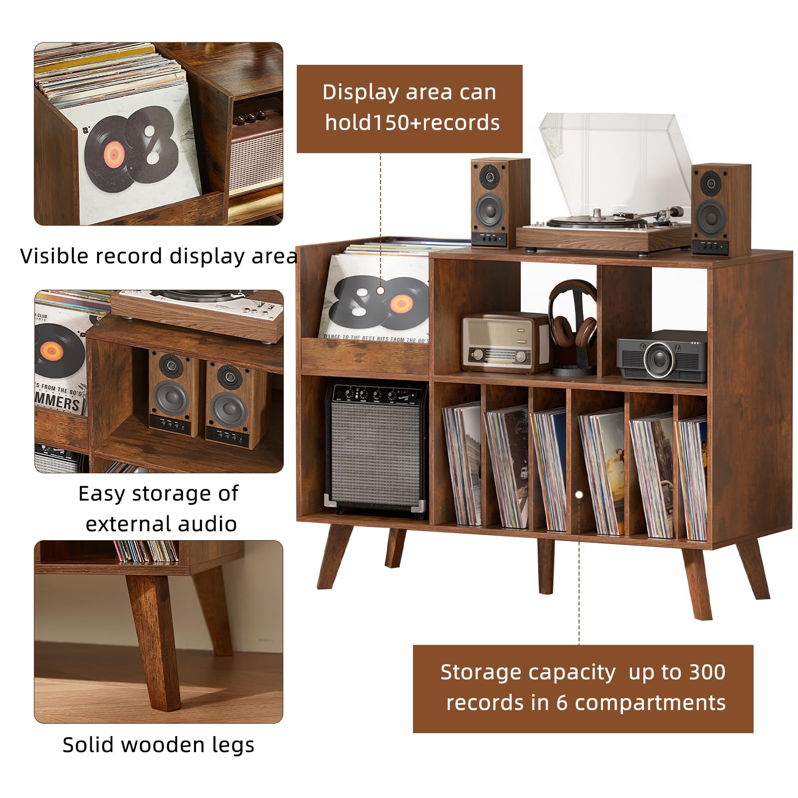 LELELINKY Soporte grande para tocadiscos, soporte giratorio con almacenamiento, soporte de vinilo con área de exhibición, mesa de tocadiscos con capacidad para hasta 450 álbumes, soporte para discos
