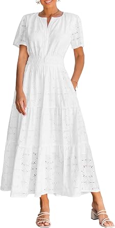 Summer Flowy Maxi Dresses for Women 2026 Spring Vacation Eyelet Lace Short Sleeve Wedding Guest Casual Boho Dresses