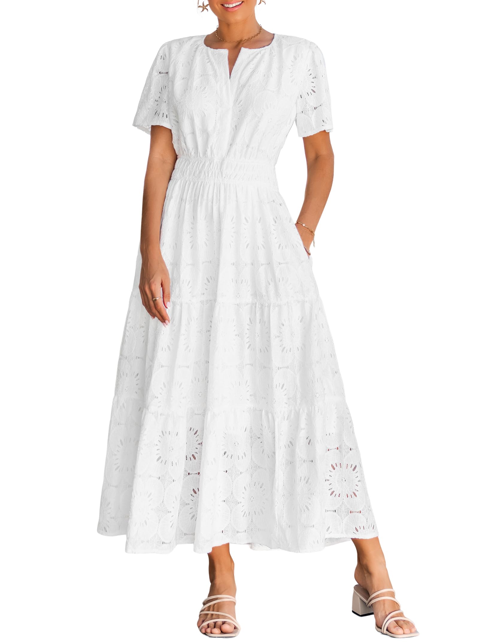 Summer Flowy Maxi Dresses for Women 2026 Spring Vacation Eyelet Lace Short Sleeve Wedding Guest Casual Boho Dresses