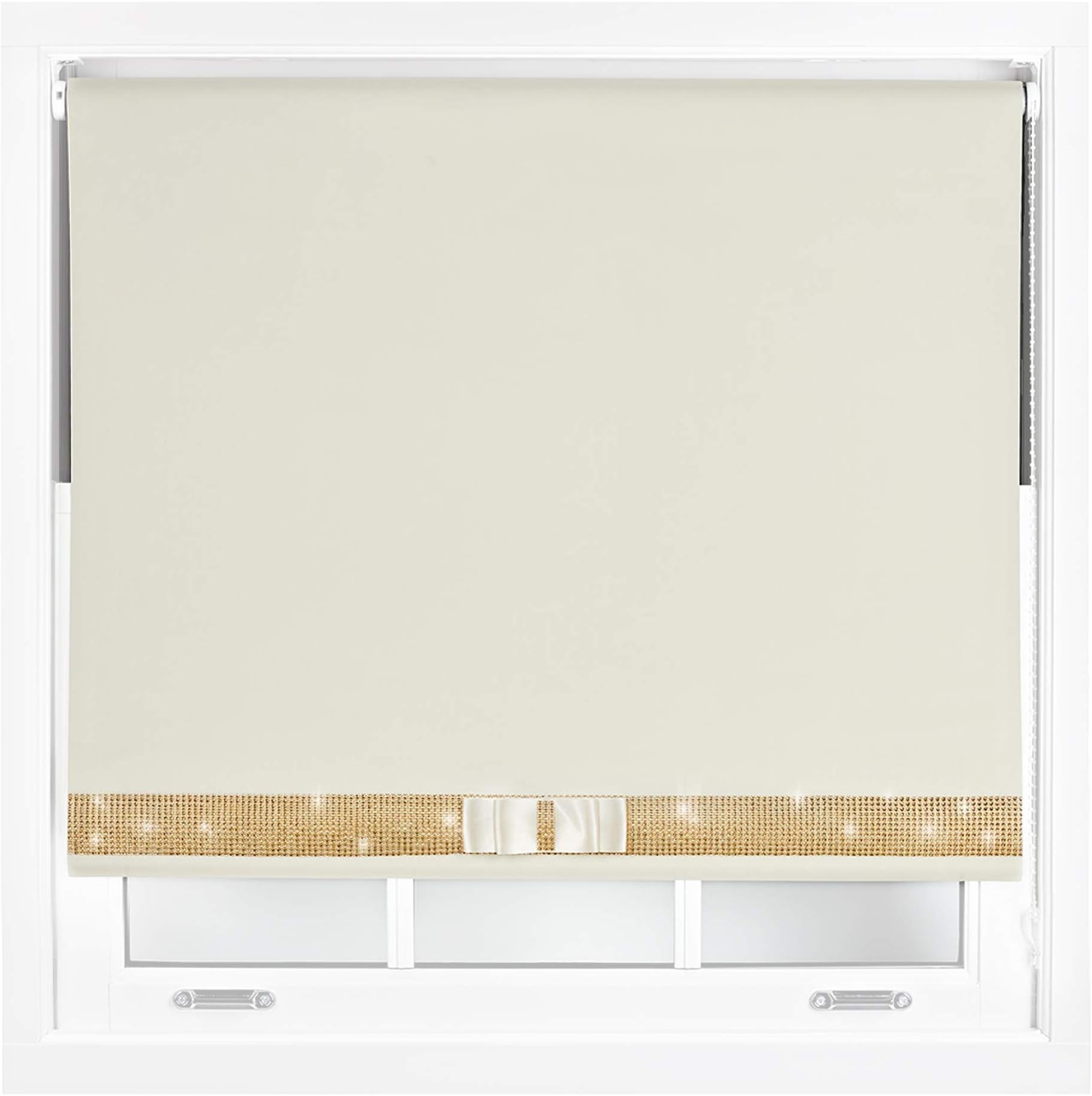 FURNISHED Diamante Blackout Blinds with Bow - Decorative Diamond Sparkle Design Roller Blind Cream Cut to Size Up to 120W x 165L cm