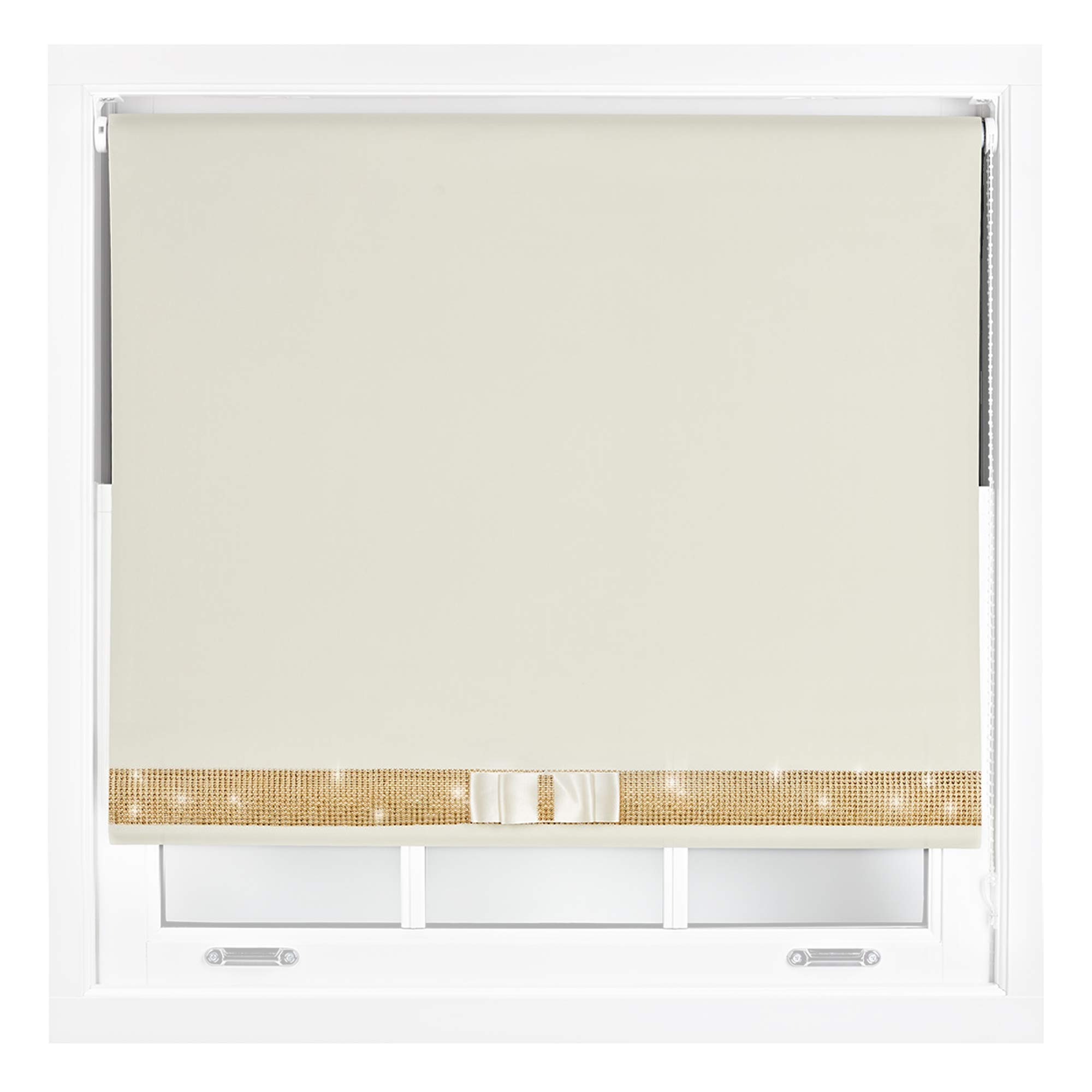 Furnished Cream 1 Diamante Blackout Blinds With Bow - Decorative Diamond Sparkle Design Roller Blind Cream Cut To Size Up To 210W X 165L Cm