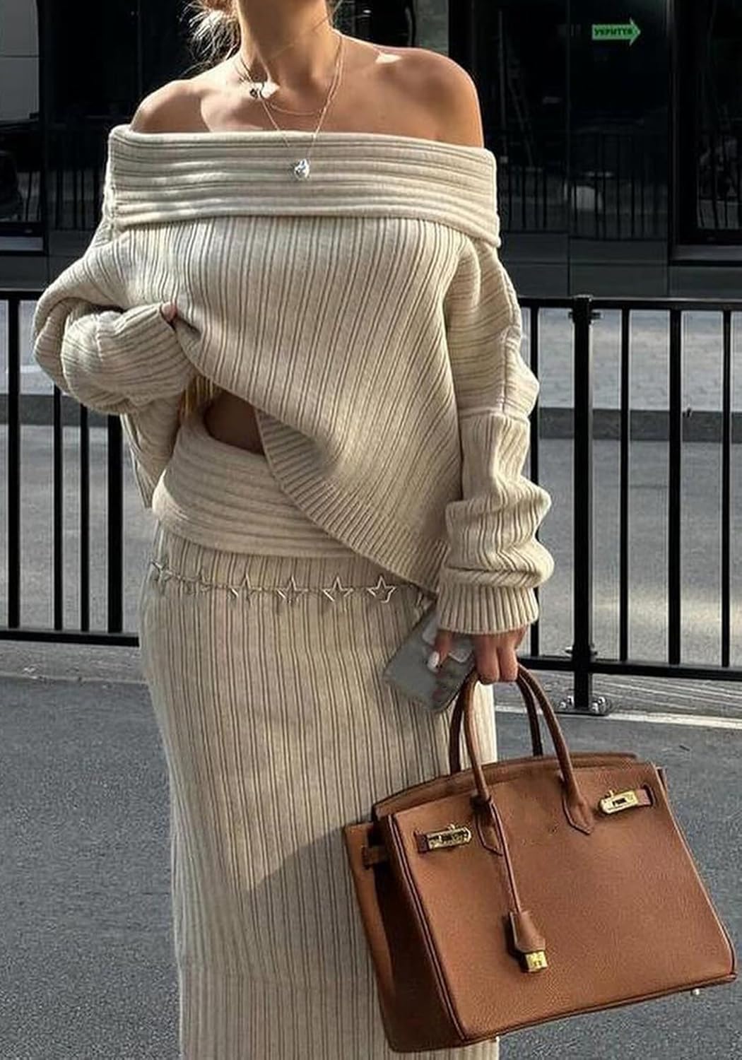 NRTHYE Women 2 Piece Sweater Sets Off The Shoulder Long Sleeve Top Bodycon Knitted Maxi Skirt Sweater Set Outfits - Image 3