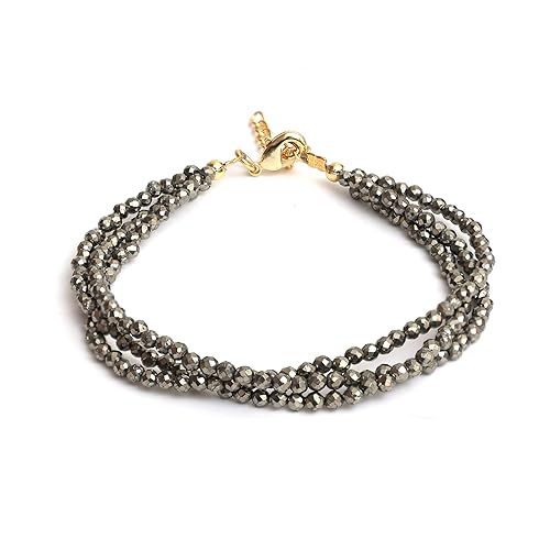 Gempires Pyrite 3 Layered Beaded Bracelet, Faceted Beads, Birthstone Healing Crystals, Gift for Her, 14k Gold Plated Jewelry for Women, 8 inch