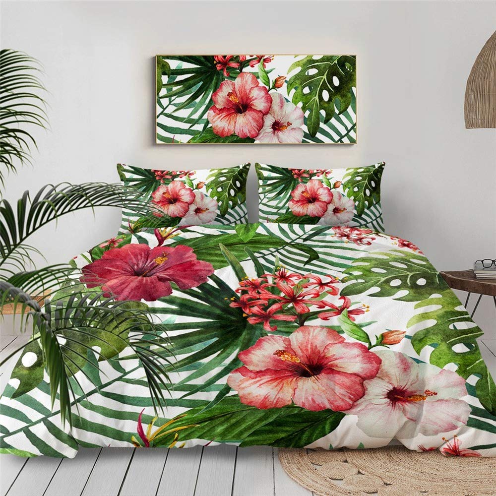 Housse de couette lit double 173x218 anti-glissement parure de lit tropicale