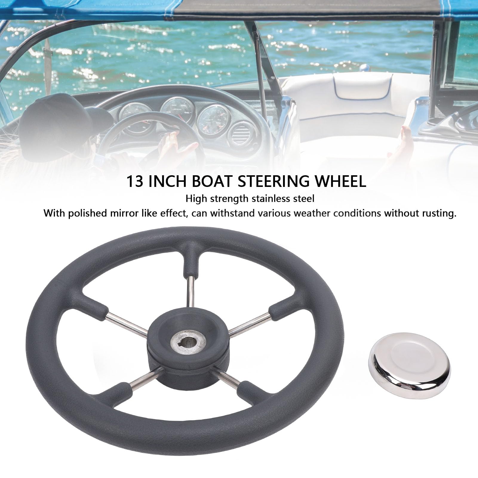 Tbest Volante para Barco de Acero Inoxidable de 13 Pulgadas, Dirección para Barco de Acero Inoxidable Estilo DestroyerRueda con Empuñadura de Espuma, 5 Radios, ángulo de 15 Grados