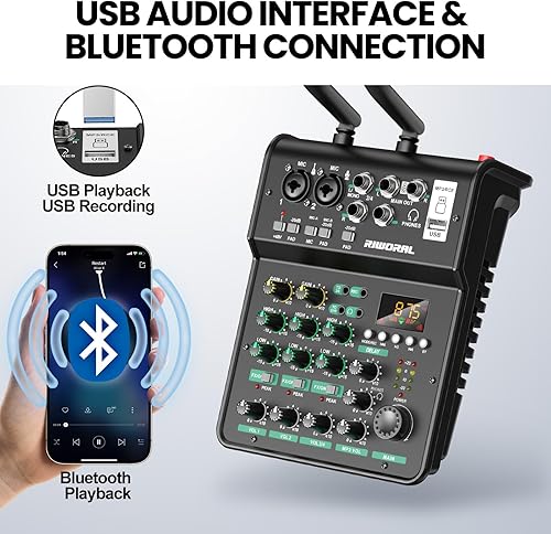Miniatura 4 de Interfaz de audio de 4 canales con micrófono inalámbrico dual, consola de placa de sonido, MP3, Bluetooth, 48V, alimentación fantasma, interfaz USB,