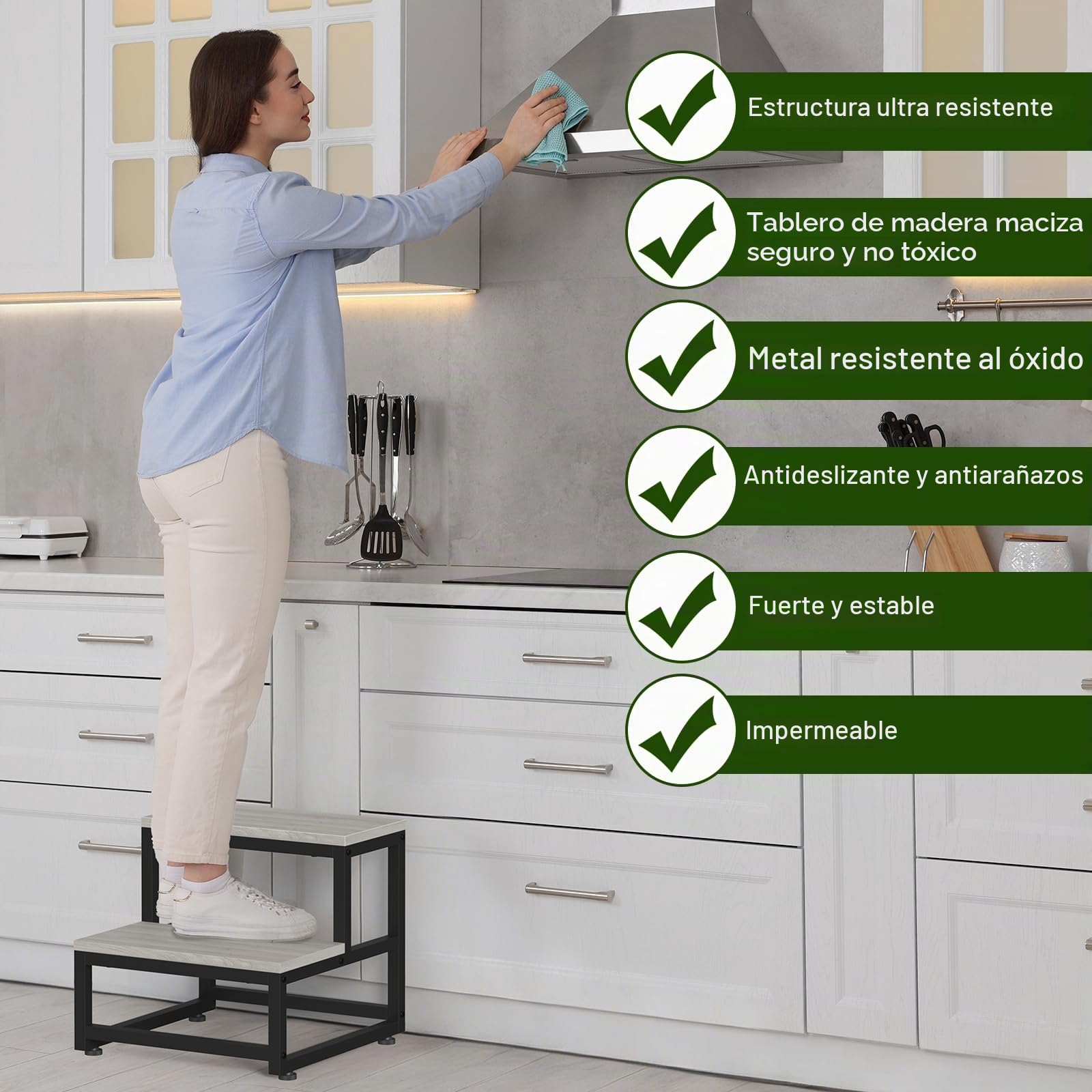 LIANTRAL Taburete 2 Escalones Acero Madera 200 kg Gris Negro