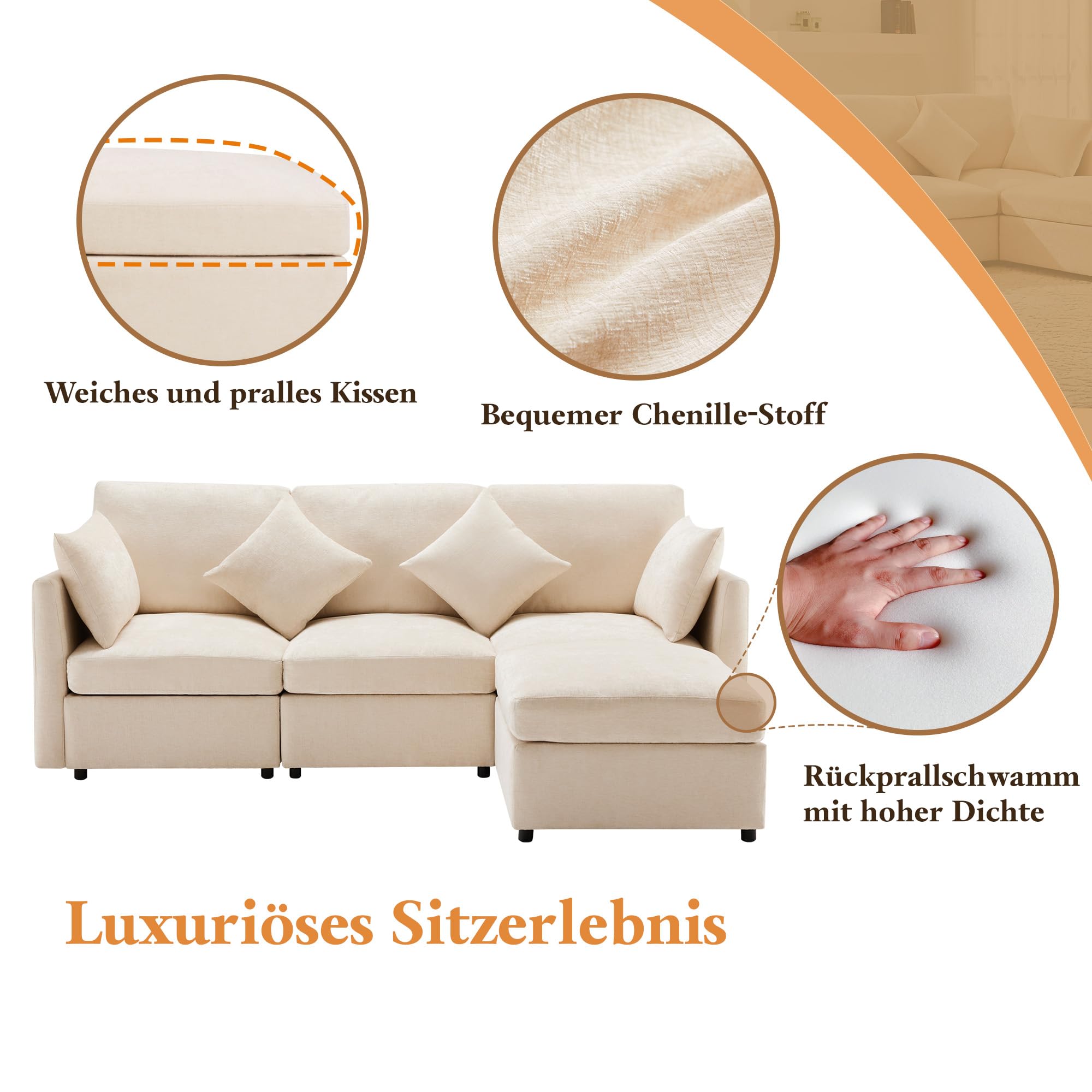 Divano moderno,divano componibile in tessuto cinigliato,sofa letto 3 posti,a quattro posti,divano angolare a L con poggiapiedi,divani,divani con penisola,216x161x81cm (Beige)