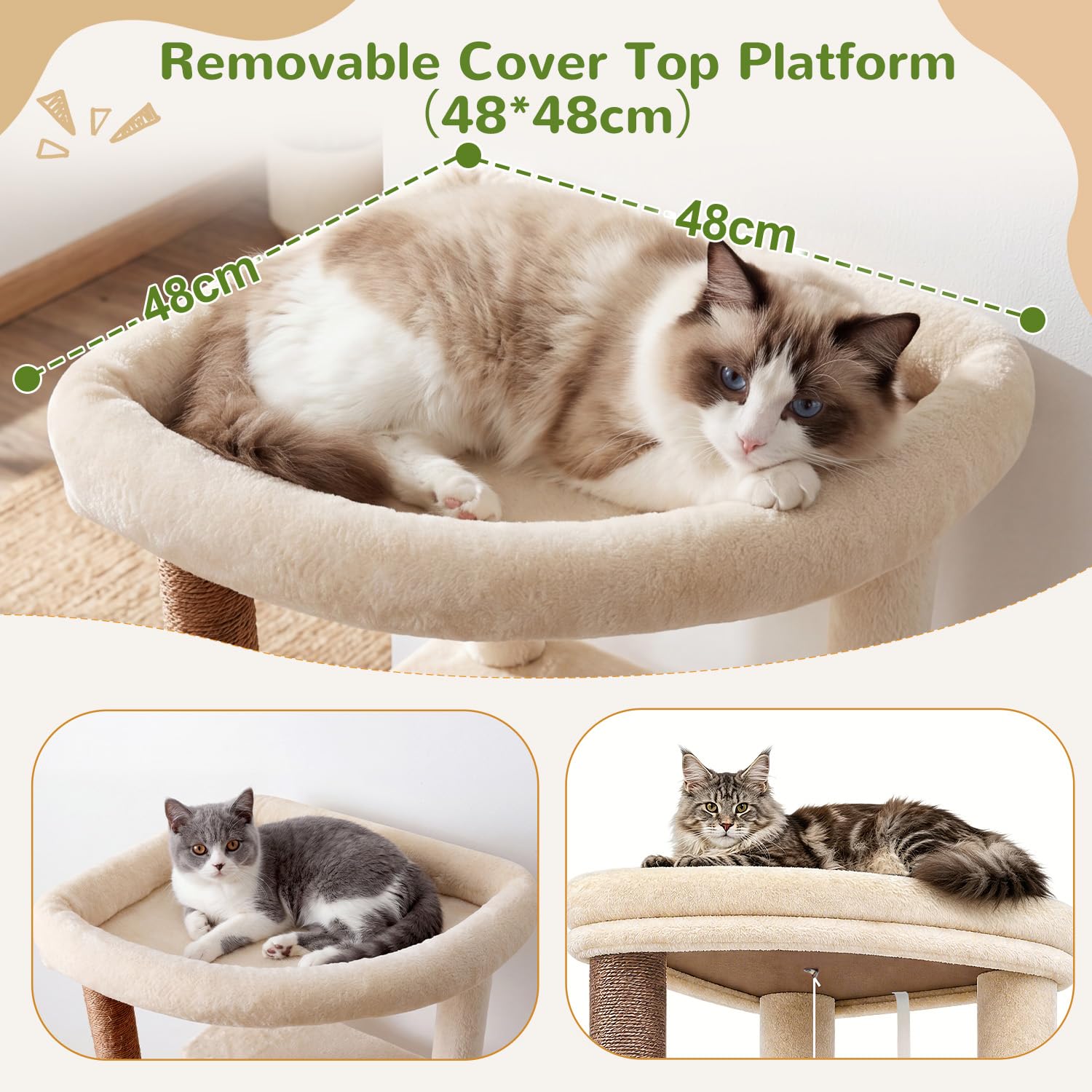 Globlazer Árbol Rascador Beige Estable con Inmenso Acolchada Plataforma 48*48CM, Grande Nido, Hamaca, Pendiente de Sisal, Cesta, Árbol Rascador 143 cm para Múltiple Gatos Adulto Interior (S56, Beige)