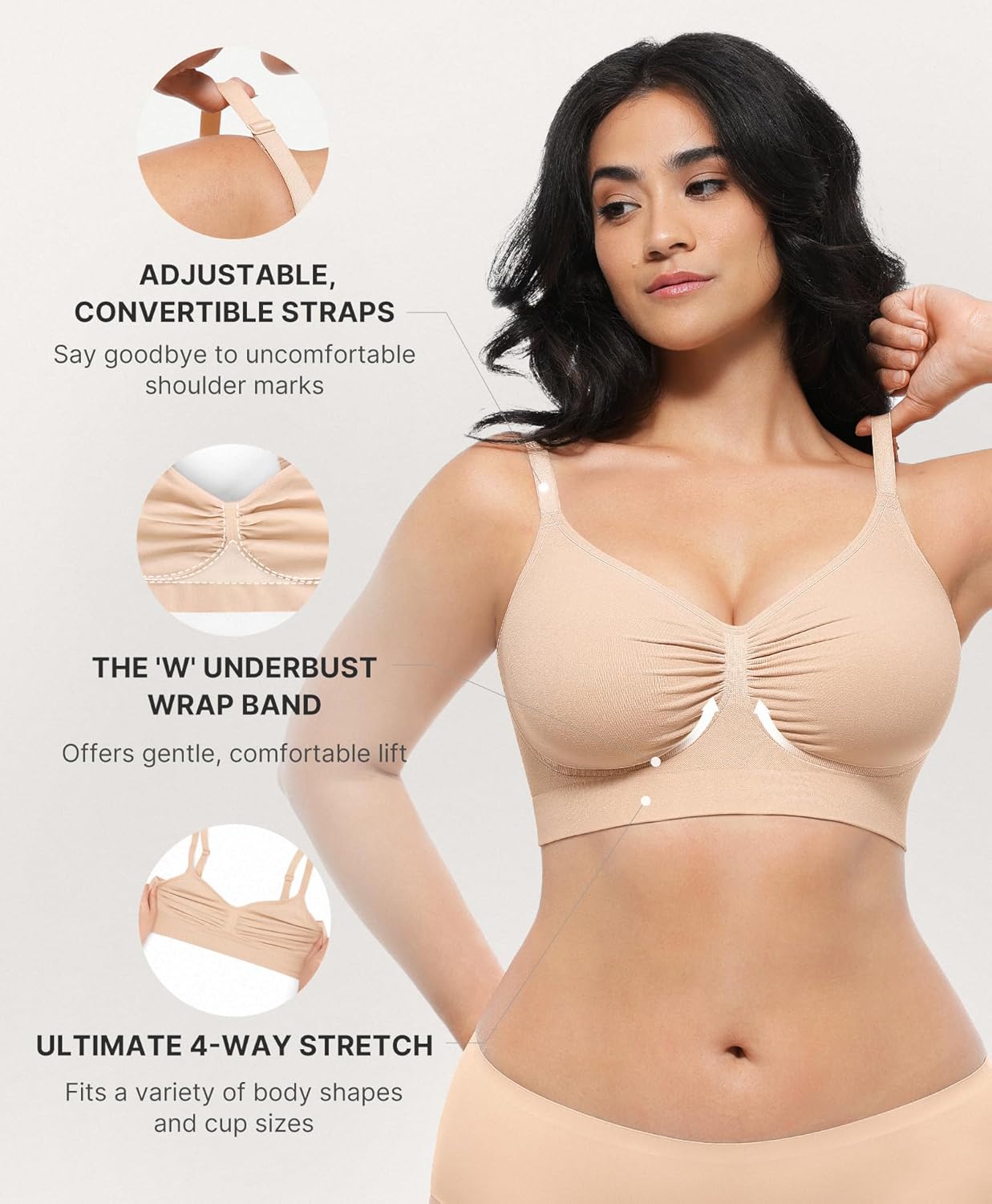 SHAPELLX Wireless Comfy Bra for Womens Breathable Seamless Bra Non Padded Comfortable Soft Bralette V Neck Everyday Bras Nude XL - Image 3